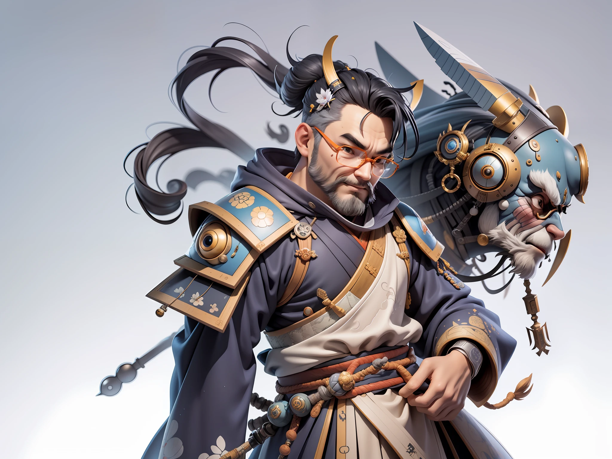 (Masterpiece), (Excellent), (Super Meticulous), (Full Body: 1.2), Super Young Man, Oriental Face, Japanese Samurai, Japanese Samurai Armour, Tengu, TV Anchor, Bust Portrait Illustration, Alone, Black Suit, Blue Tie, Silver Glasses, Slightly Chubby Face, Very Clean Face, No Beard, Black Super Short Hair, Black Eyes, Confident Smile, 3c Computer Sub-Products, iPad, iPhone, Digital Painting, 3D Character Design by Mark Claireden and Pixar and Hayao Miyazaki, The illustration is a high-definition illustration in 4K resolution with very detailed facial features and cartoon-style visuals.