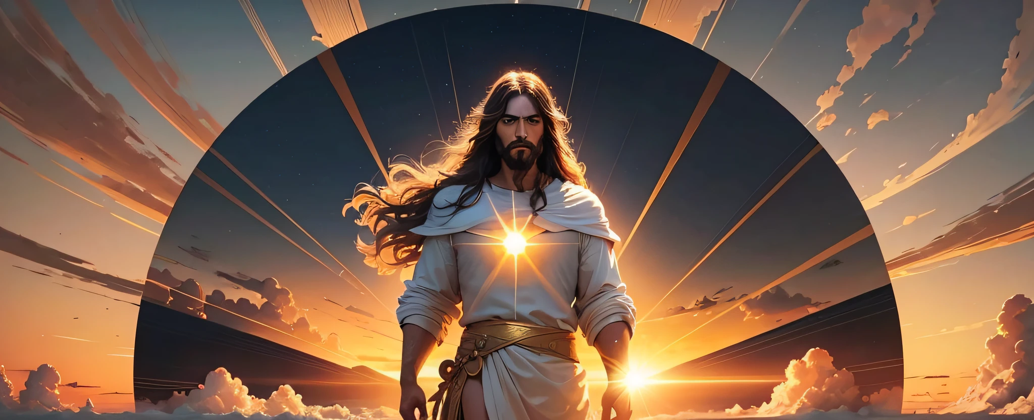 Visualize Jesus walking on the clouds toward the horizon as the sun begins to set in the sky. He is surrounded by a golden glow and his figure looks imposing and powerful, yet full of grace. --auto --s2