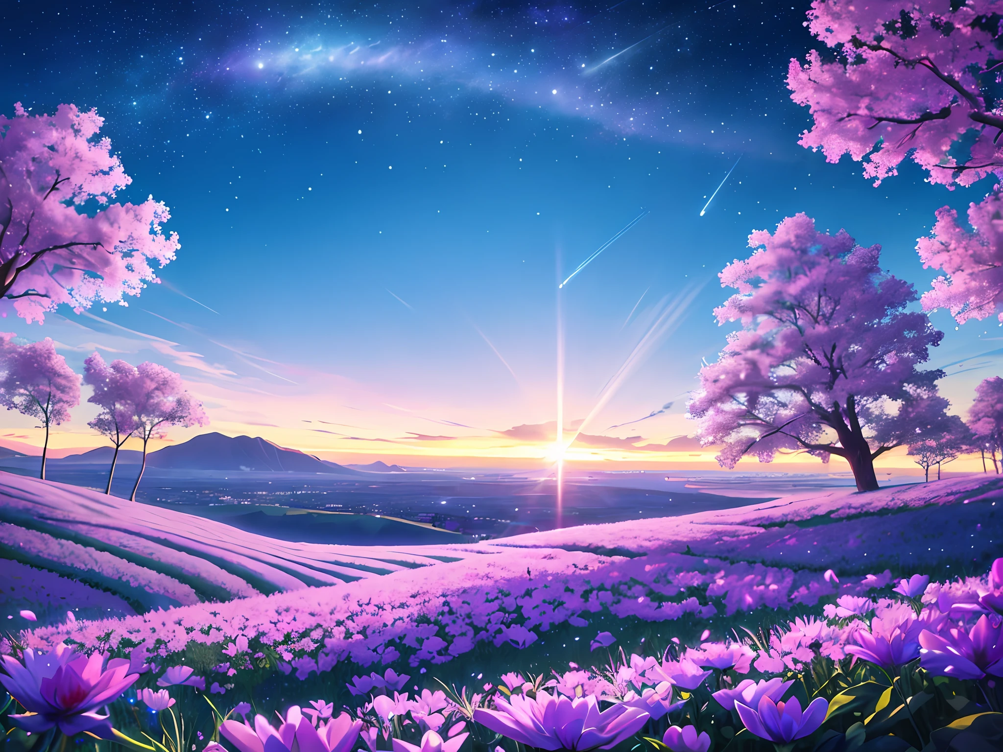 Landscape, Dreamy, Blue, Purple, Anime Landscape, Anime Wallpaper, Flowers, Sky, Shooting Star Vista, Landscape Background, (Night: 1.2), (Movie Lighting)), (Dramatic Lighting)), Intricate Details, Lens Halo, Petals