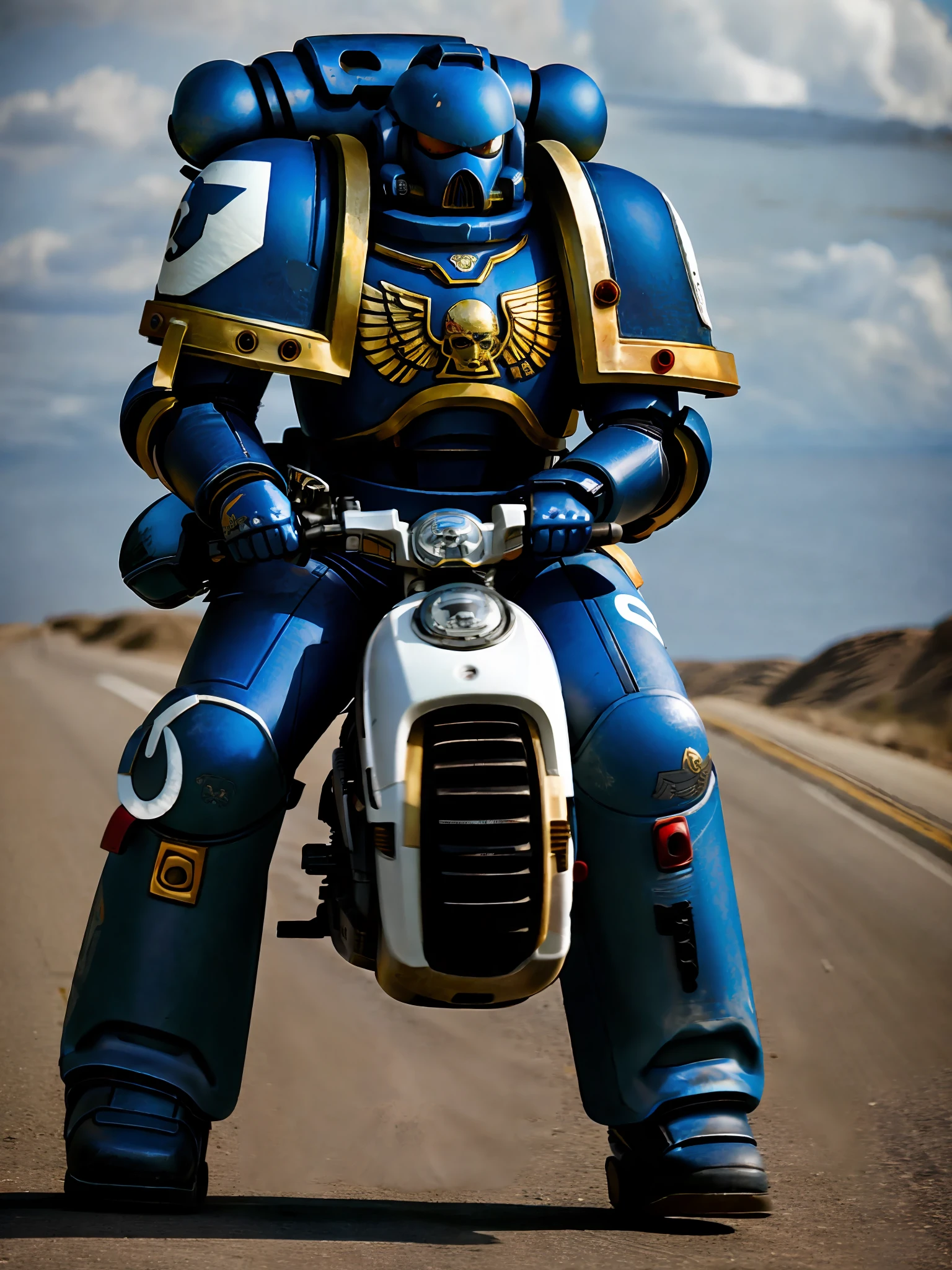 A space marine riding a motorcycle on a deserted road, his white motorcycle, super realistic, cinematc, 16k. It's just a Space marine