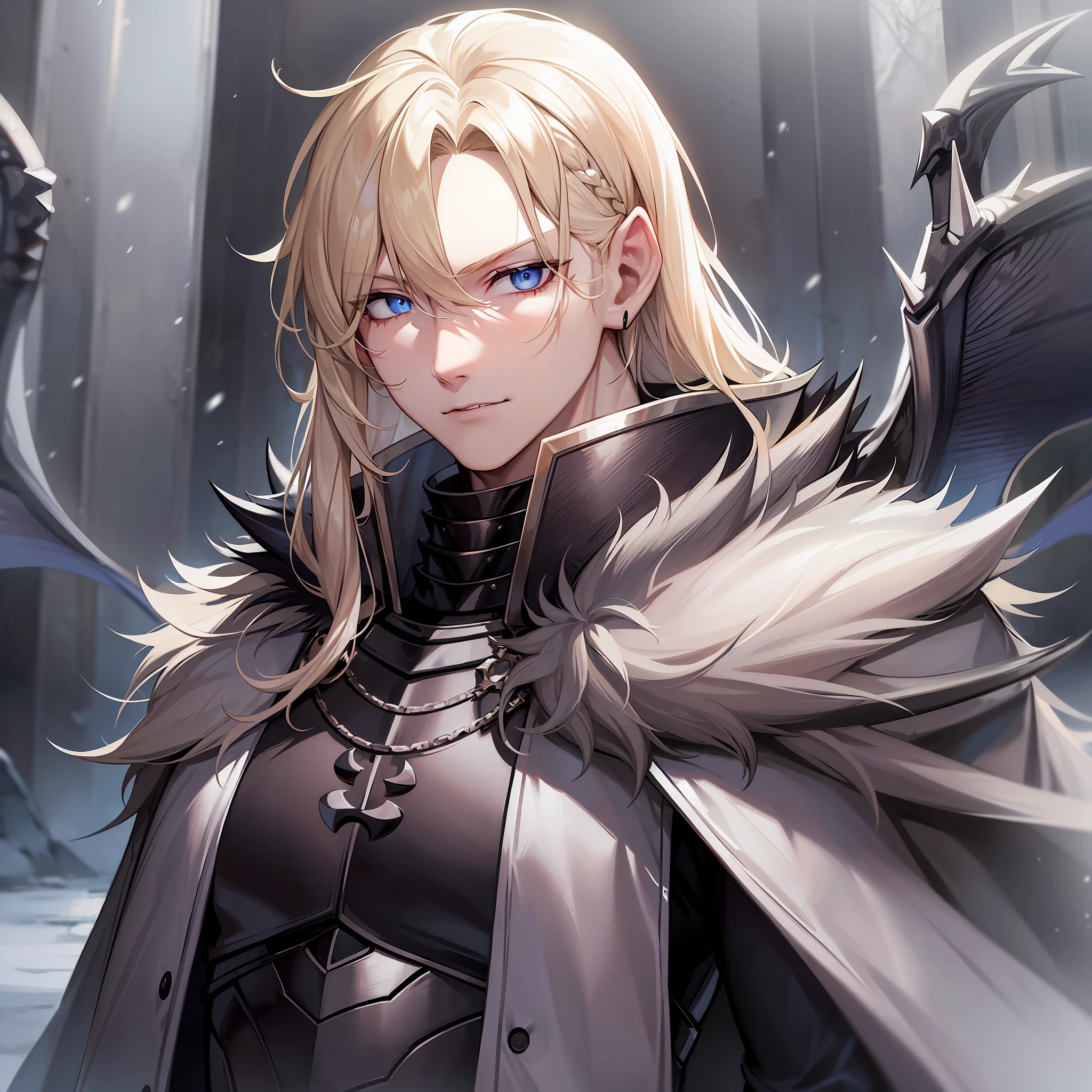 Muscular, man, blue eyes, blonde long hair, pale skin, cape, vampire collar , black dragon armor, spiky shoulders,black clothes ,in the snowy forest, solo, cowboy shot, masterpiece