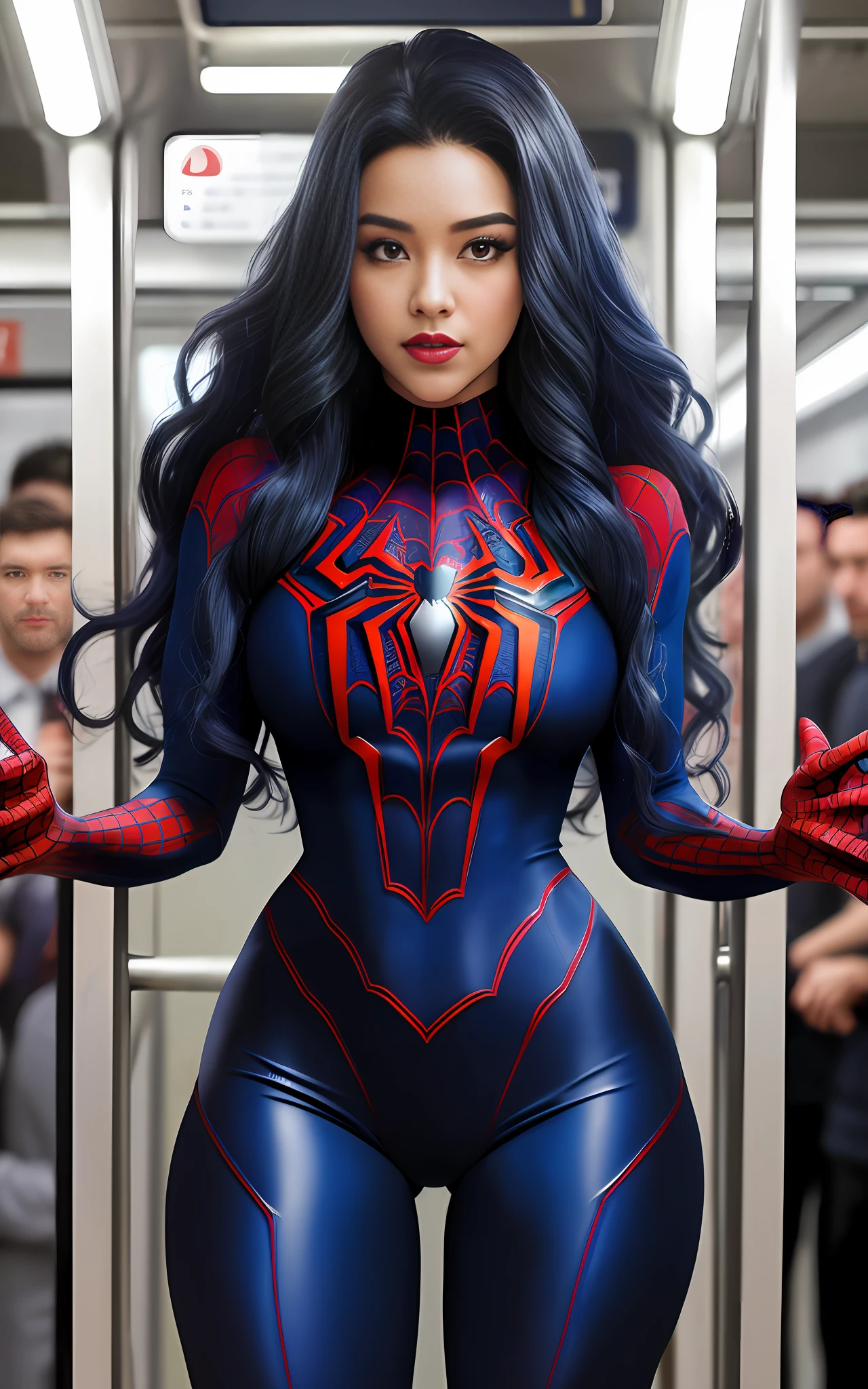 16k image, gorgeous (maid/Spider-Man), tight clothes on her body, long curly blue hair, within a meter full of men looking at her, she's unleashing webs on top of the men inside the subway trapping them on the subway walls.