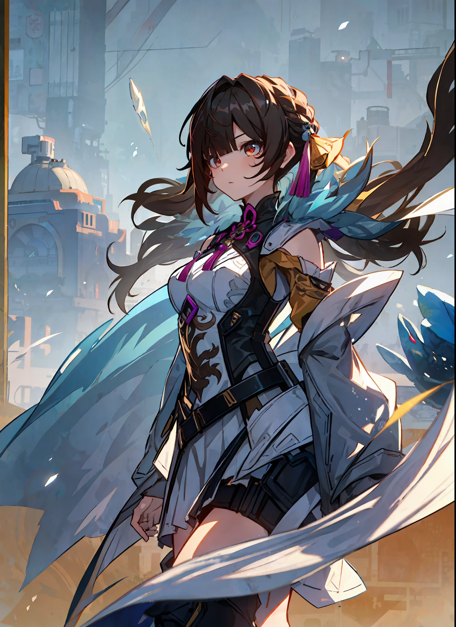 SushangV4, long hair, pigtail, hair ornament, high quality fanart, bare shoulders, chinese clothes, disheveled hair, powerful, long barrel boots, powerful look, snow