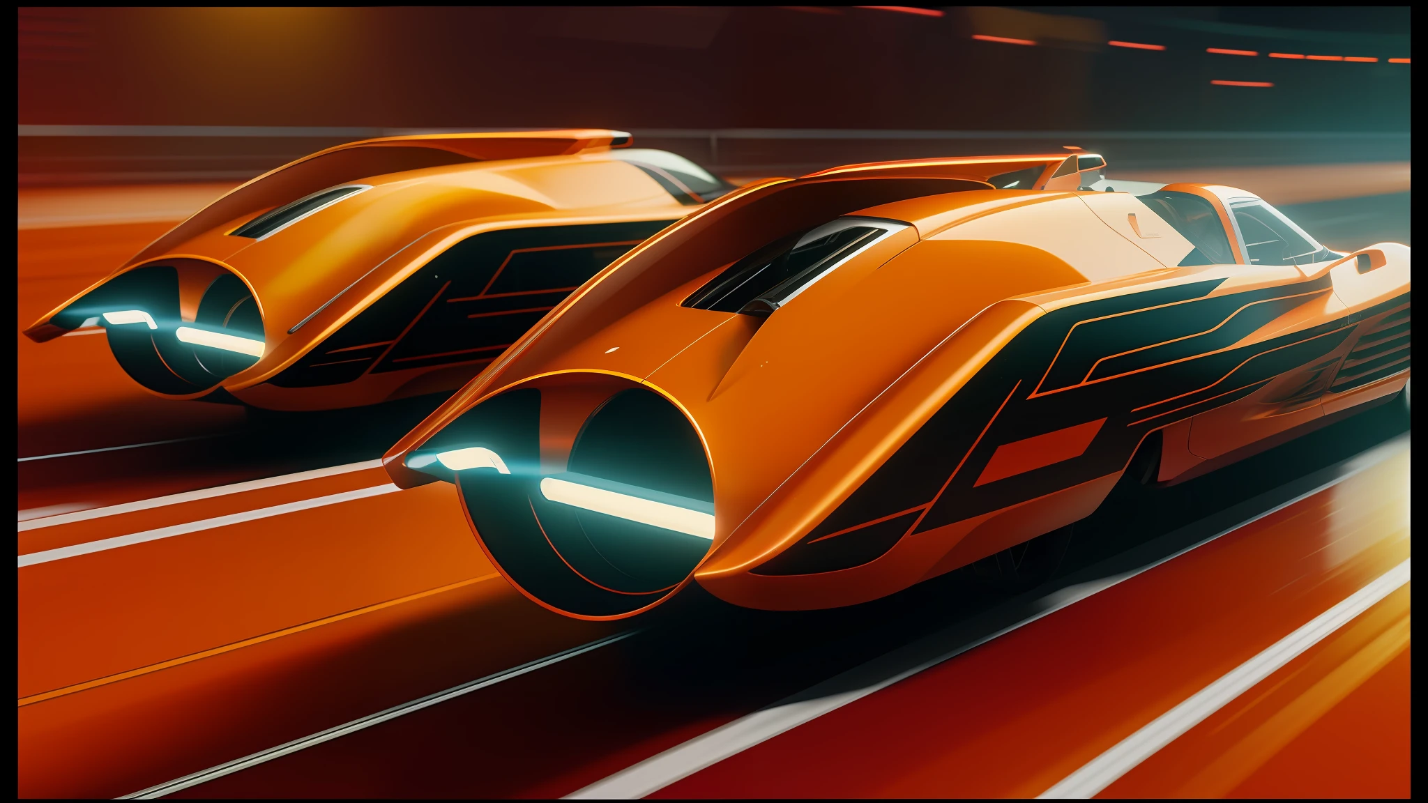 there are two orange cars that are going down the track, syd mead and raphael lacoste, 8 k uhd cinema 4 d, speed racer, 2 0 2 1 cinematic 4 k framegrab, computer cgi, orange neon stripes, ross tran 8 k, caravagio, orange yellow, renault, anamorphic flares