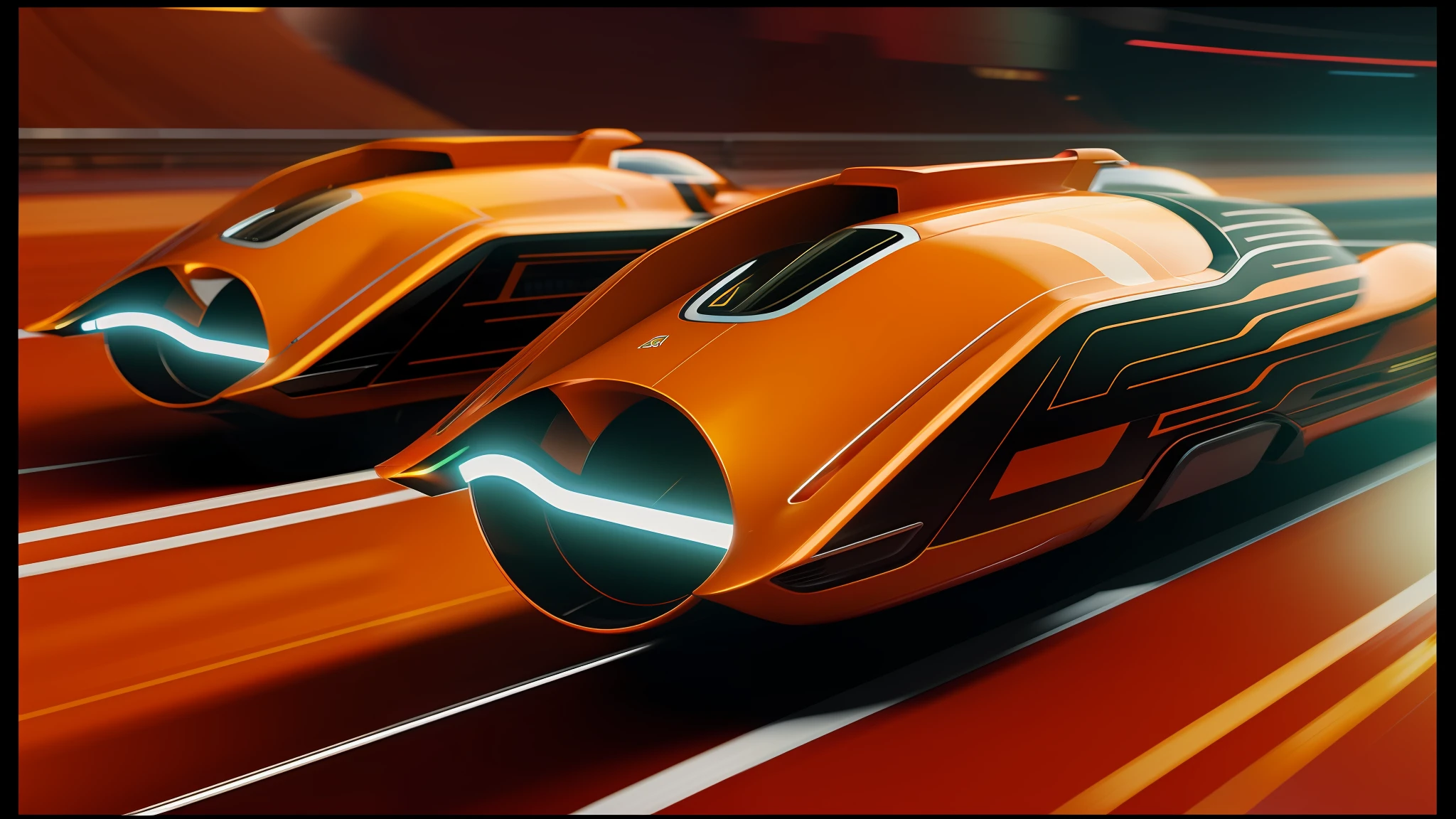 there are two orange cars that are going down the track, syd mead and raphael lacoste, 8 k uhd cinema 4 d, speed racer, 2 0 2 1 cinematic 4 k framegrab, computer cgi, orange neon stripes, ross tran 8 k, caravagio, orange yellow, renault, anamorphic flares