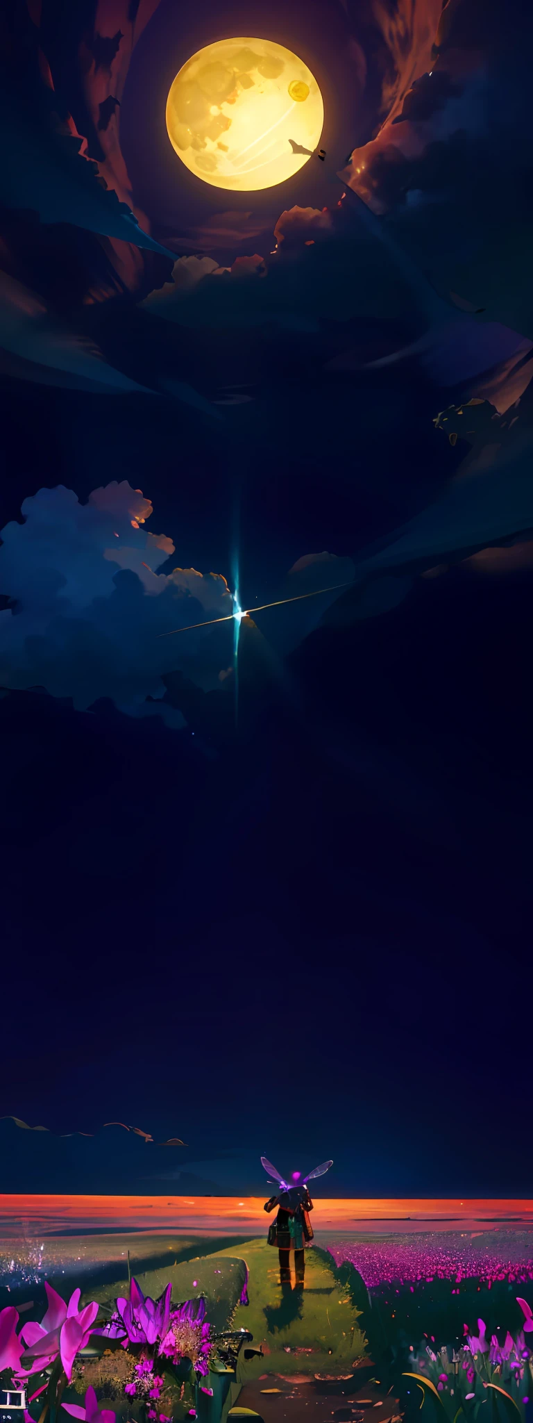 expansive landscape photograph , (a view from below that shows sky above and open field below), a girl standing on flower field looking up, (full moon:1.2), ( shooting stars:0.9), (nebula:1.3), distant mountain, tree BREAK
production art, (warm light source:1.2), (Firefly:1.2), lamp, lot of purple and orange, intricate details, volumetric lighting, realism BREAK
(masterpiece:1.2), (best quality), 4k, ultra-detailed, (dynamic composition:1.4), highly detailed, colorful details,( iridescent colors:1.2), (glowing lighting, atmospheric lighting), dreamy, magical, (solo:1.2)