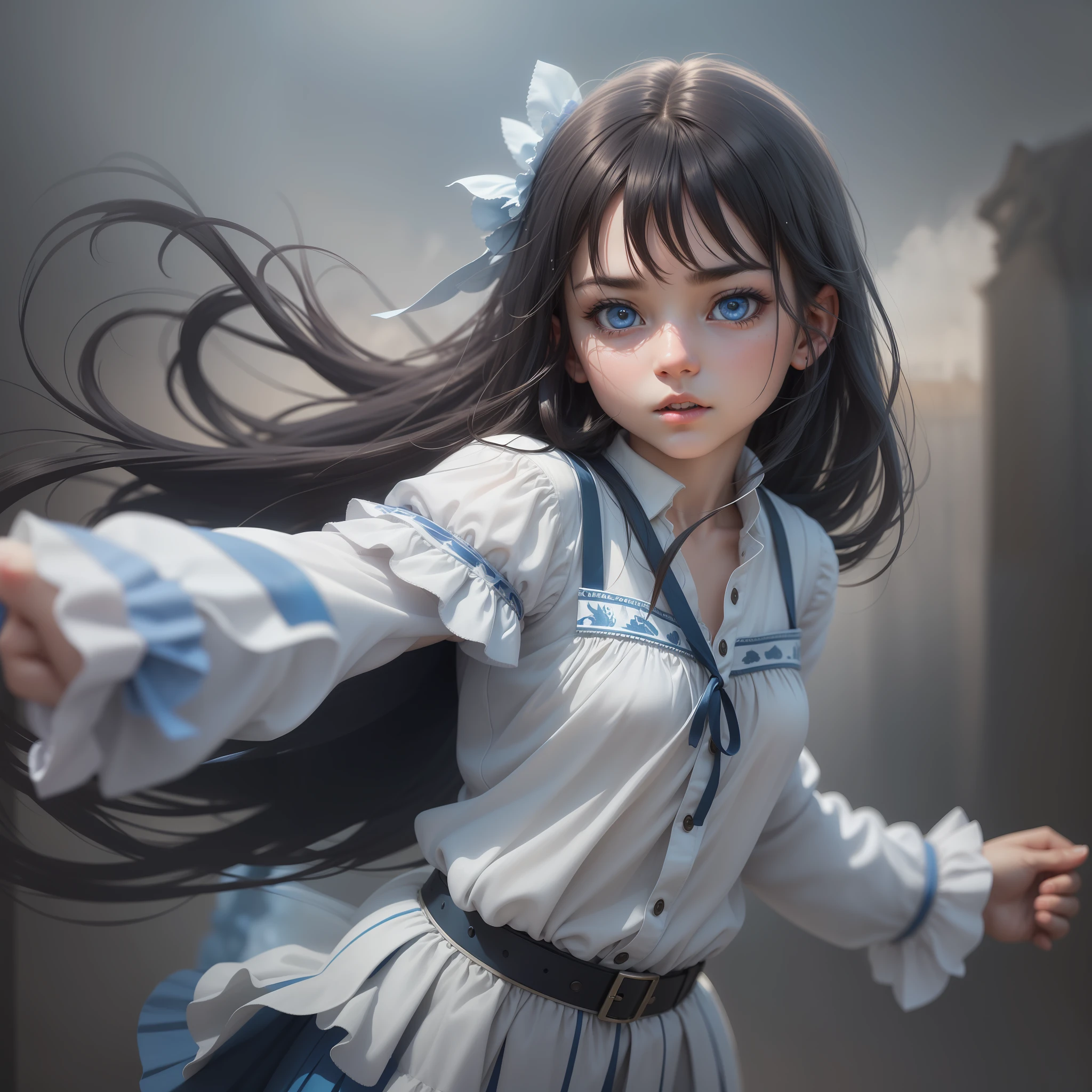 (Ultra HD CG, masterpiece quality), (Best Projection, Best Shadow), (Ultra Realistic Detail), Close Angle, Pupil Color: Blue, (-yeld gi in the crowd is full of movement, vivid expression, long hair flowing, black and white, close-up portrait, bright eyes, back like a fairy-like white light skirt blowing, background clouds, drizzle, gradually disappearing into the fog
