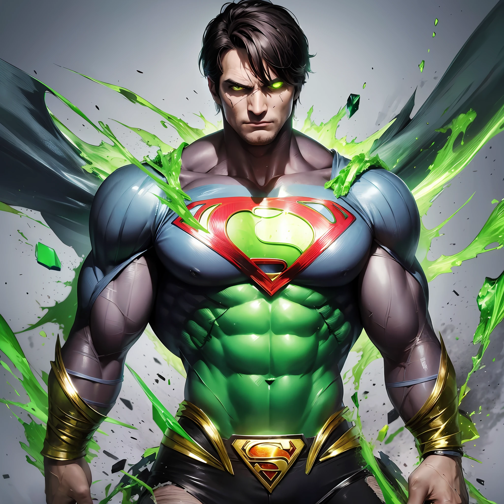 Create the super strong superman with his torn clothes being Kryptonite with bits of his crystallized body Extremely strong green with angry expression on his face --auto --s2