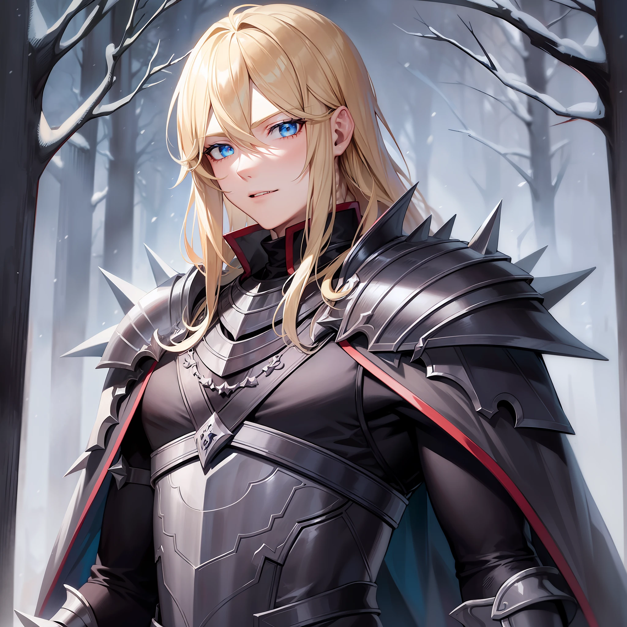 Muscular, man, blue eyes, blonde long hair, pale skin, cape, vampire collar , black dragon armor, spiky shoulders,black clothes ,in the snowy forest, solo, cowboy shot, masterpiece