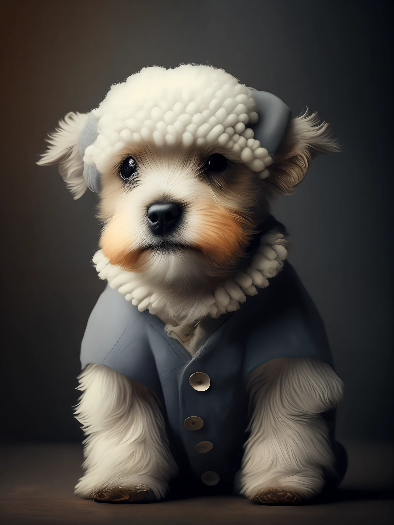 Portrait, cute terrier puppy wearing sheep clothes, low light, grumpy