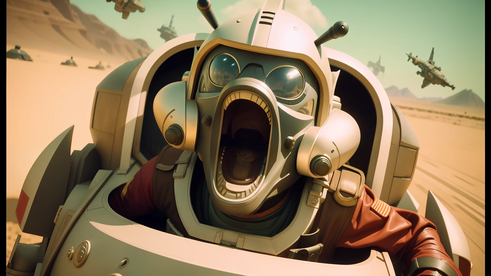 there is a man in a space suit with a mouth open, jaime jasso, a goblin pirate, cinematic shoot, pod racer, youtube thumbnail, film still from an cartoon, war cry, by Chris LaBrooy, cockroach character, realistic cartoon, wearing winged helmet, mesa, kris kuksi