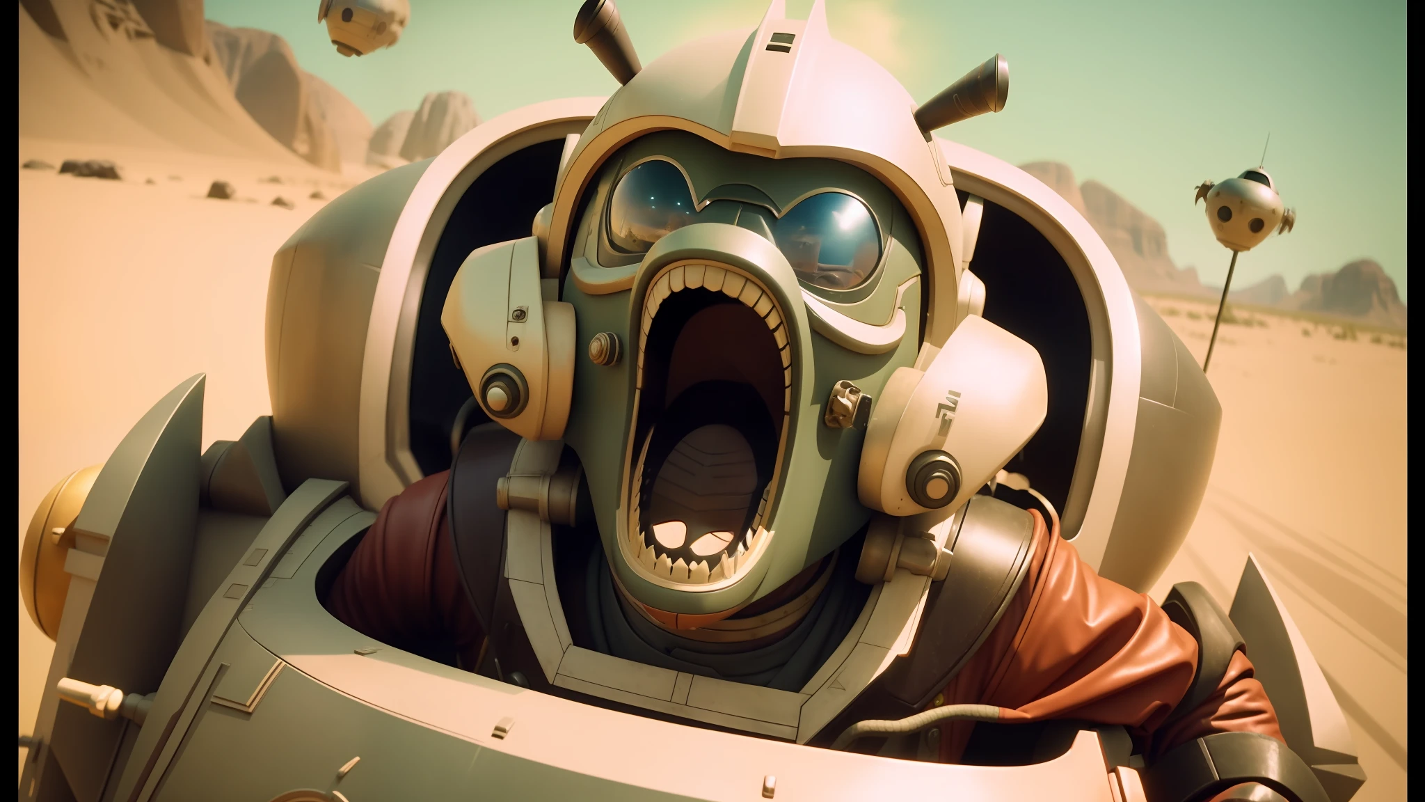 there is a man in a space suit with a mouth open, jaime jasso, a goblin pirate, cinematic shoot, pod racer, youtube thumbnail, film still from an cartoon, war cry, by Chris LaBrooy, cockroach character, realistic cartoon, wearing winged helmet, mesa, kris kuksi