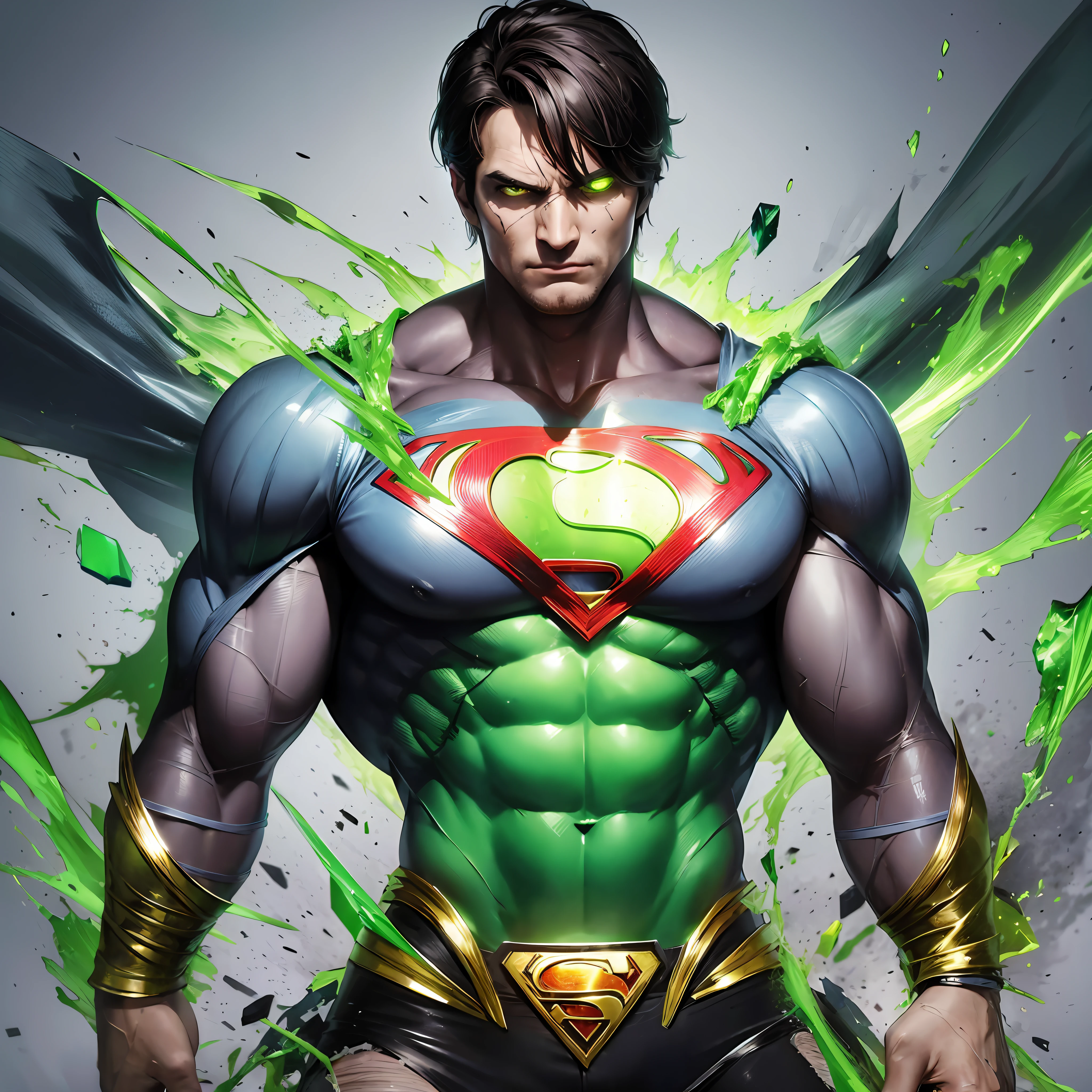 Create the super strong superman with his torn clothes being Kryptonite with bits of his crystallized body Extremely strong green with angry expression on his face --auto --s2