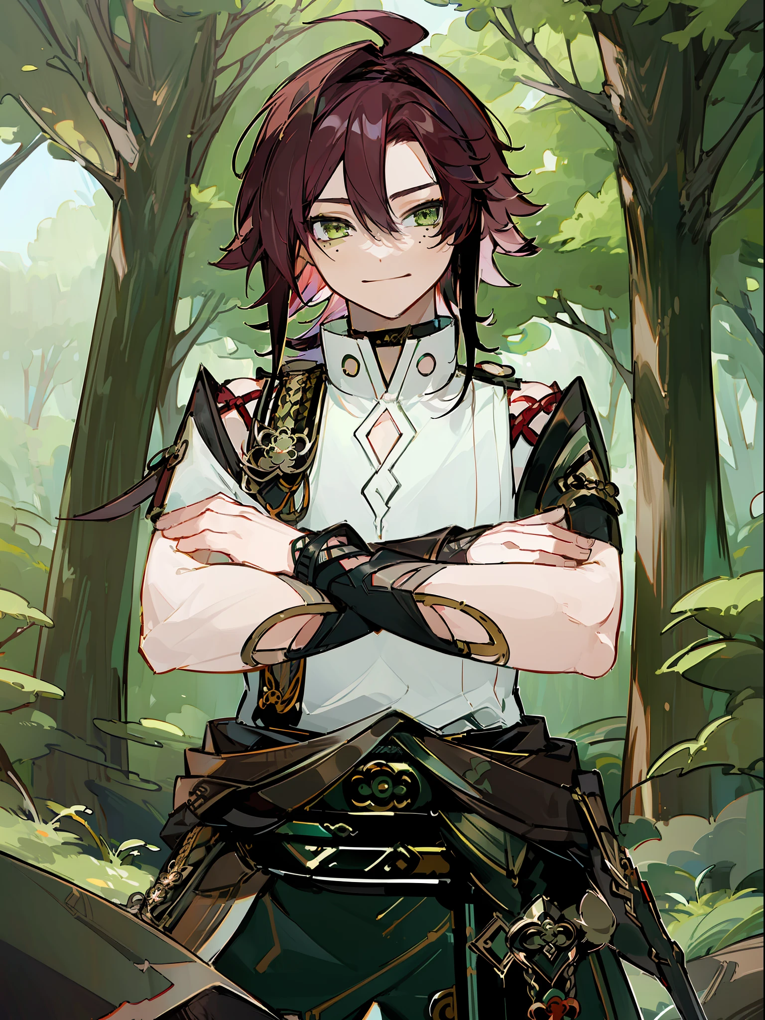 ((highest quality, masterpiece, 4k, finely detailed, detailed eyes, detailed face, intricate details)), ((solo)), male focus, 1boy, Shikanoin Heizou (Genshin Impact), smirking, looking at viewer, crossed arms, dark red hair with black strands, bright green eyes, white shirt, black pants, forest background