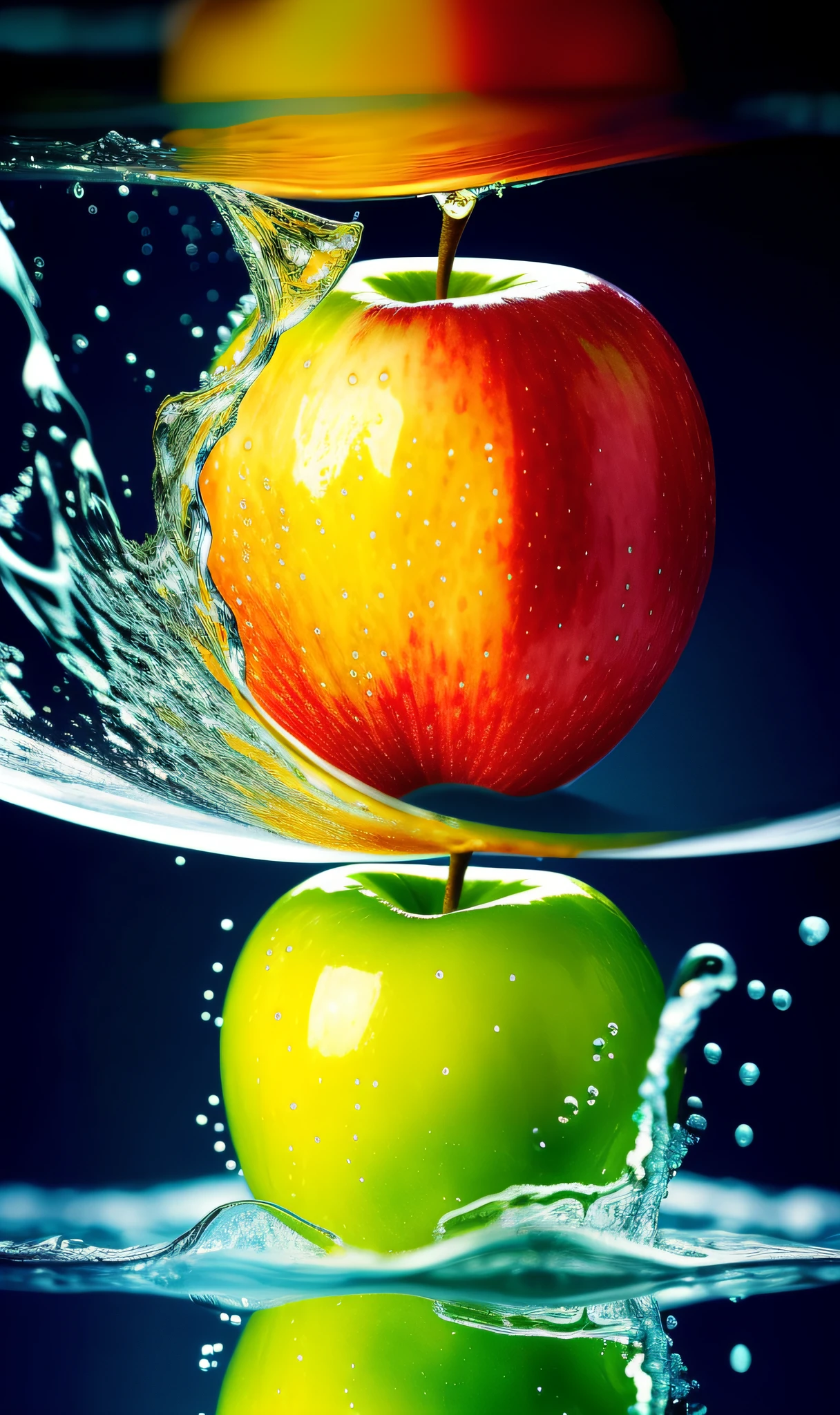 a close-up of an apple with water,, surreal water art, creative photo manipulation, realistic refraction, exquisite imaginative poster art, by Vasile Hutopila, , photoshop water art, naturecore, nilian art, inside water, photo - manipulation, golden apple