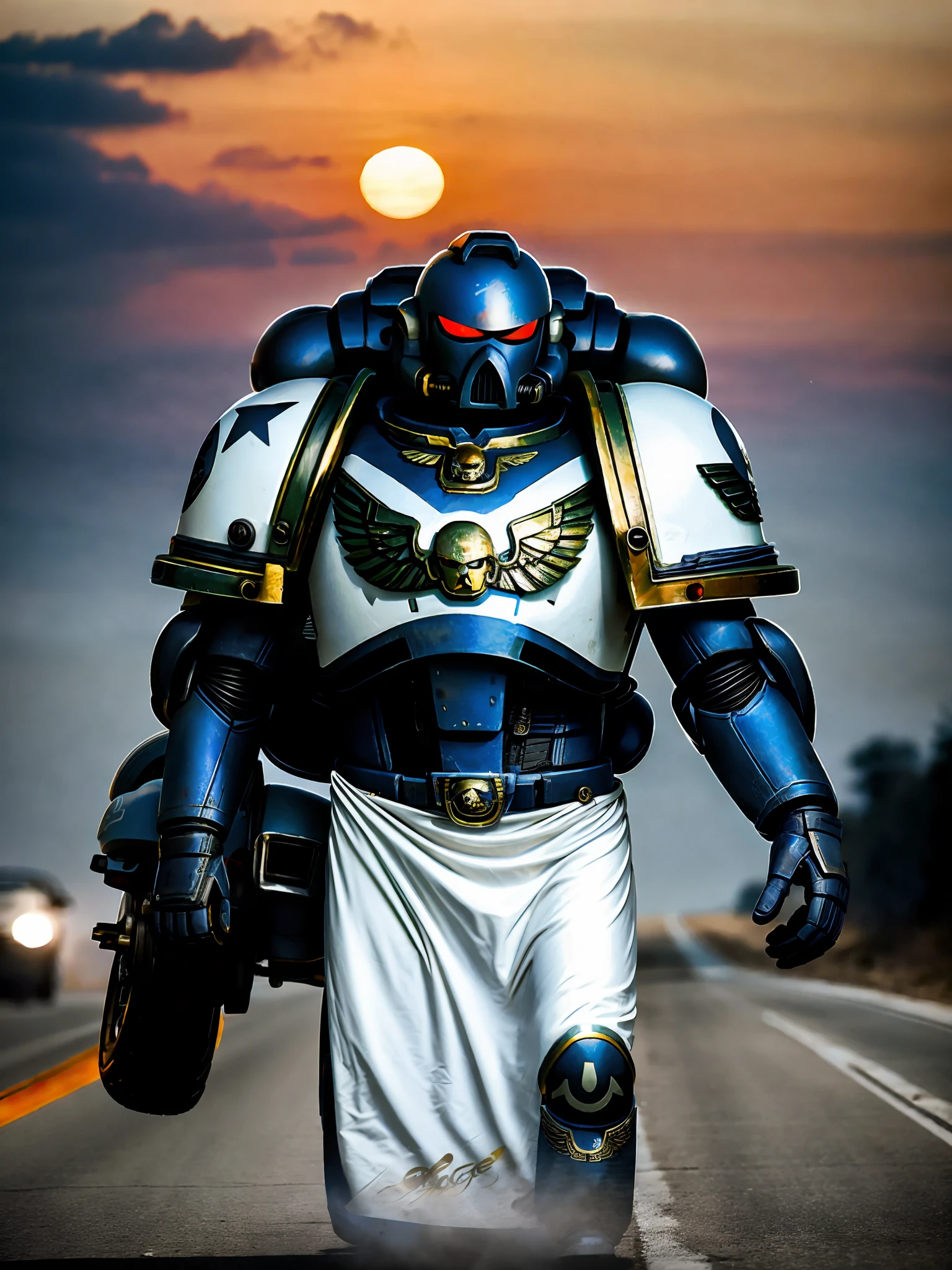 A space marine riding a motorcycle on a deserted road, his white motorcycle, super realistic, cinematc, 16k. It's just a Space marine