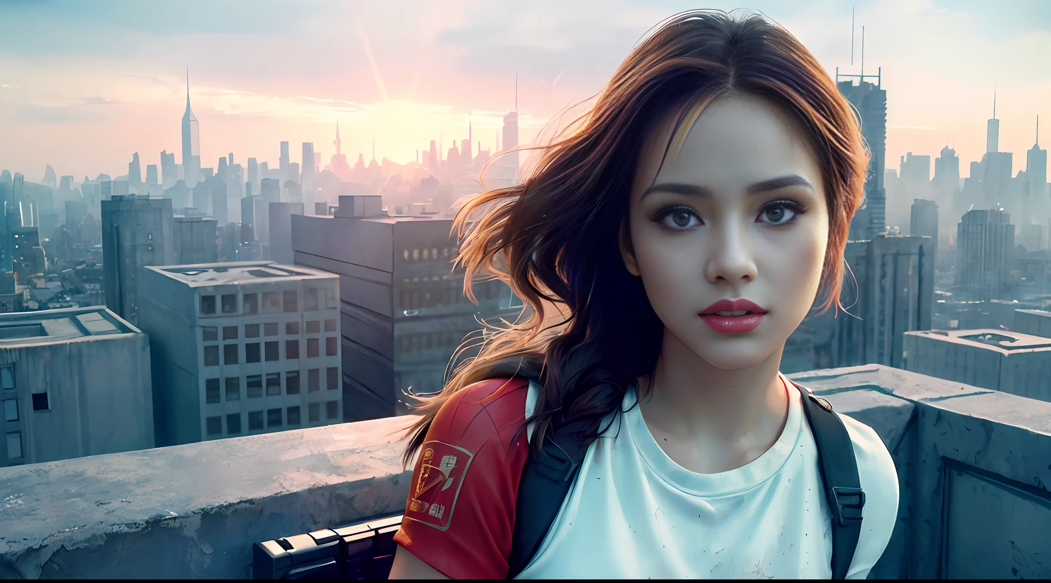 (1girl:1.3), Solo, (((Very detailed face)))), ((Very detailed eyes and face)))), Beautiful detail eyes, Body parts__, Official art, 8k unified wallpaper, Super detailed, beautiful and beautiful, beautiful, masterpiece, best quality, original, masterpiece, super thin photo, best quality, super high resolution, realistic realism, sunlight, full body portrait, amazing beauty, dynamic pose, delicate face, vibrant eyes, (from front), She wears lara croft style clothing, red and black color scheme, very detailed city roof background, roof, with city view, detailed face, detailed complex busy background, messy, gorgeous, milky white, highly detailed skin, realistic skin details, visible pores, clear focus, volumetric mist, 8k uhd, DSLR, high quality, film grain, light skin, photographic realism, lomography, futuristic dystopian megalopolis, translucent,