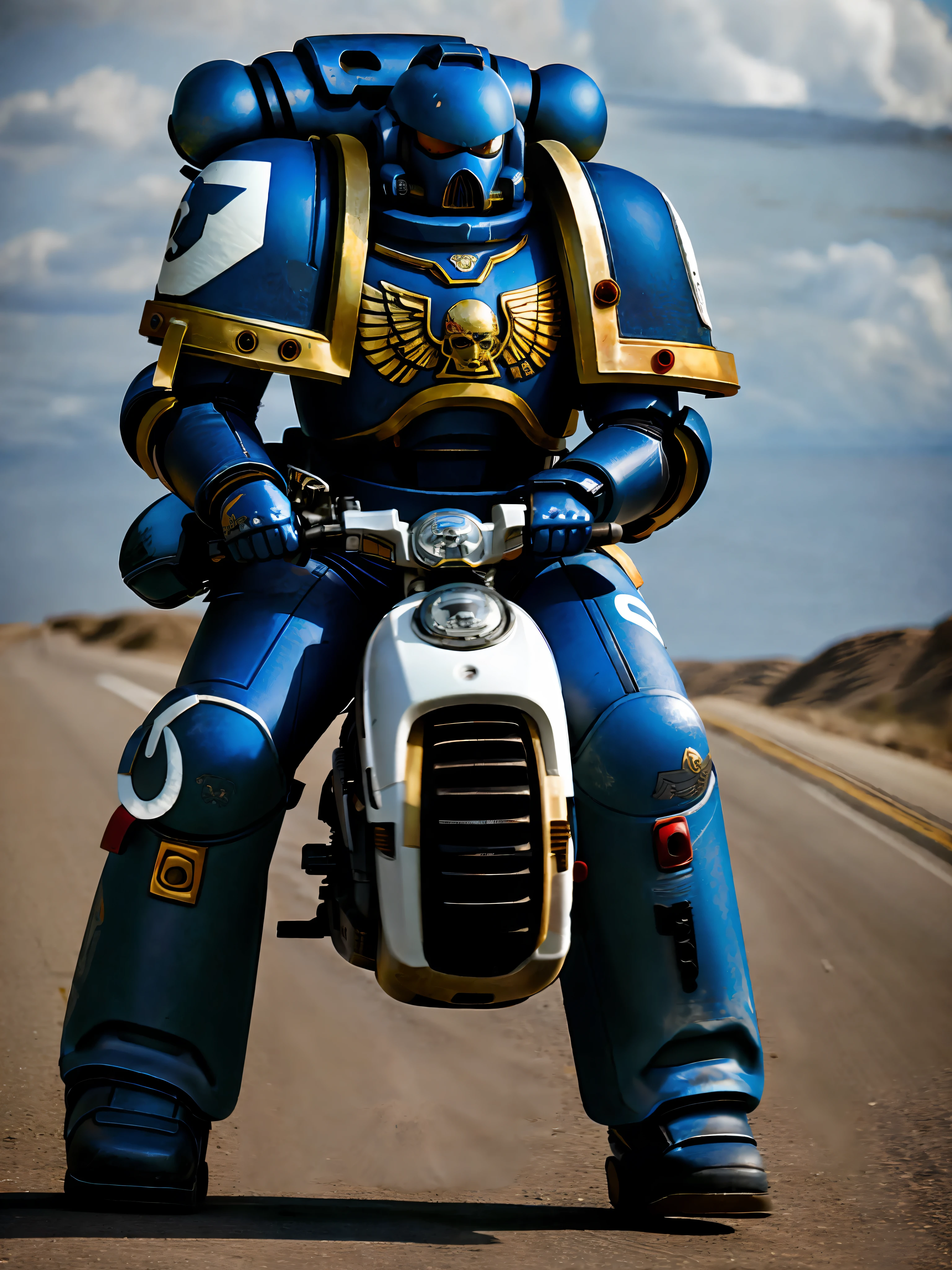 A space marine riding a motorcycle on a deserted road, his white motorcycle, super realistic, cinematc, 16k. It's just a Space marine
