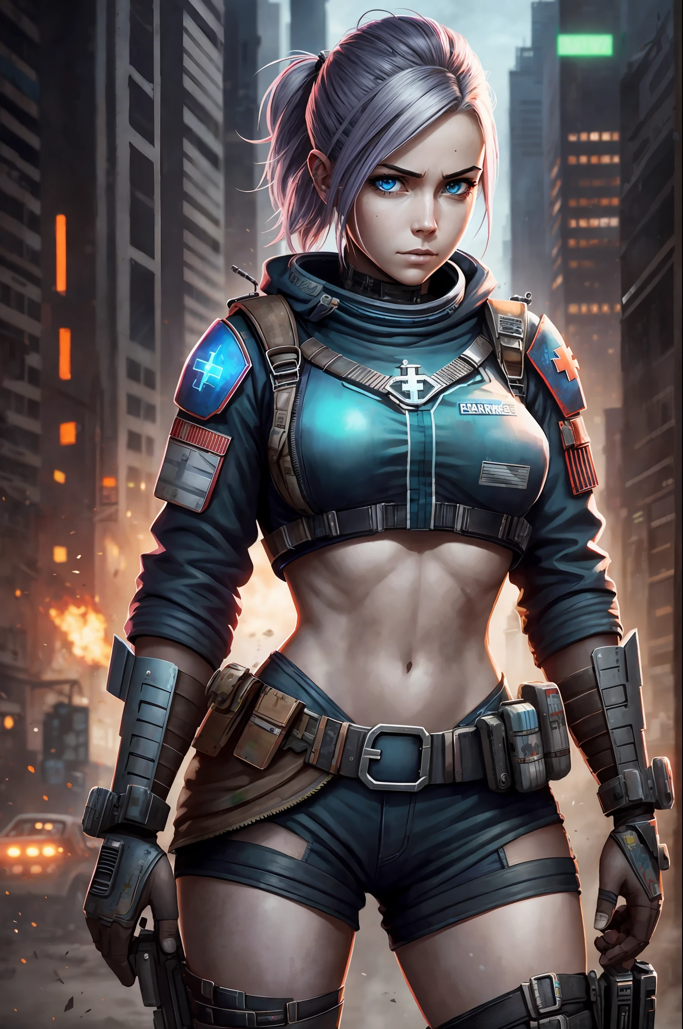 Paramedic hero female around mad max style, destroyed lazarette in the background, cyberpunk, 4k, photorealistic --auto --s2