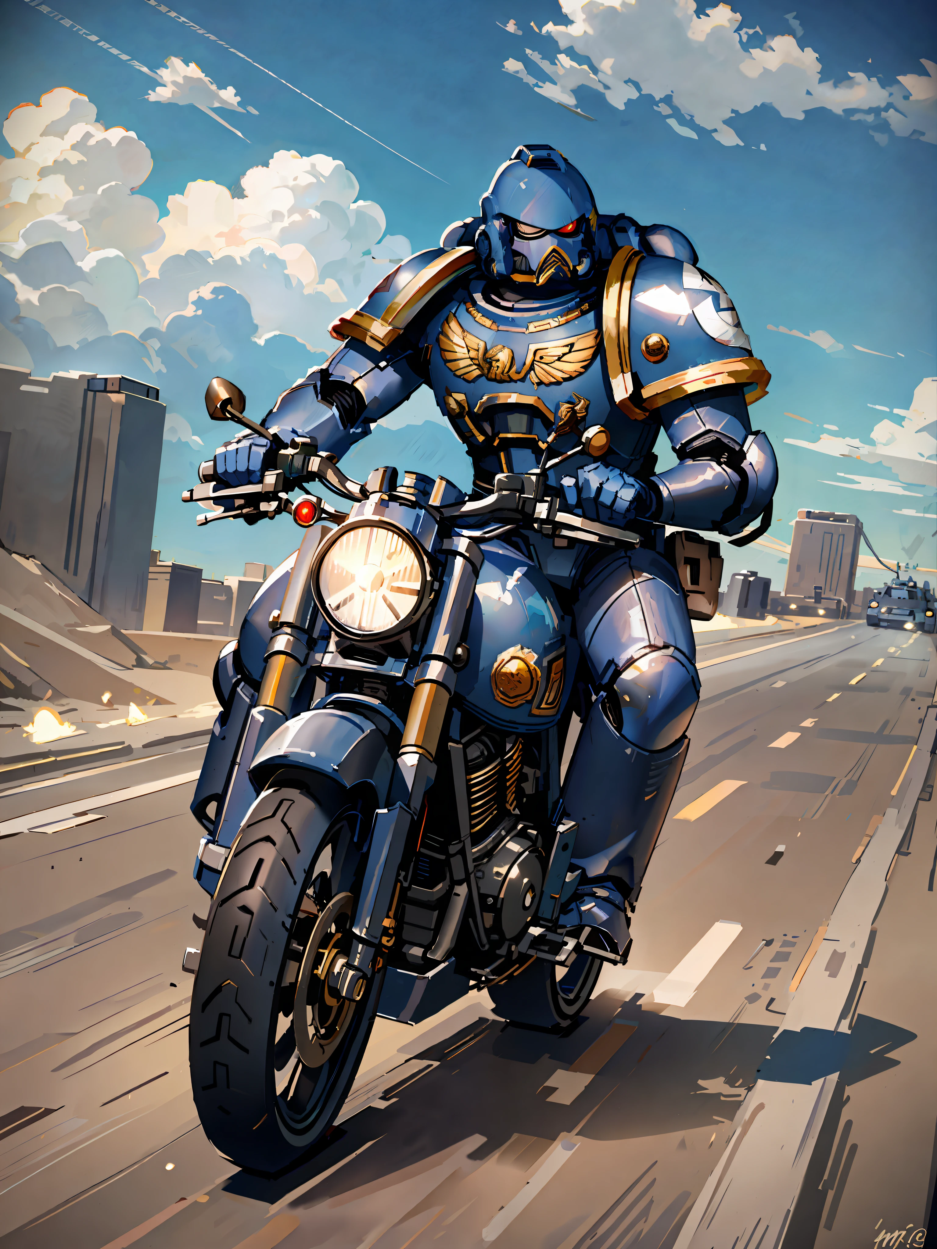 A space marine riding a motorcycle on a deserted road, his white motorcycle, super realistic, cinematc, 16k. It's just a Space marine