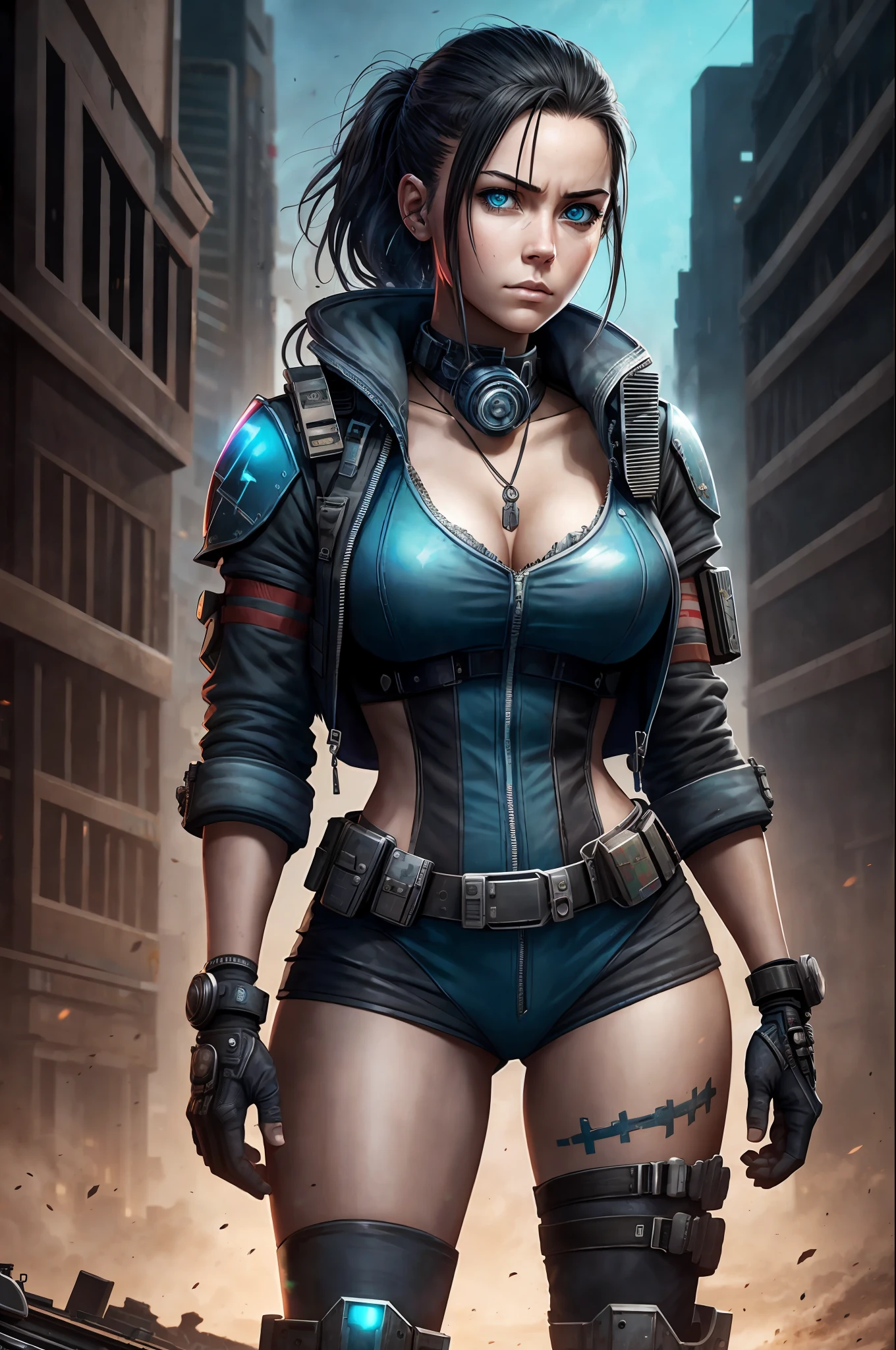 Paramedic hero female around mad max style, destroyed lazarette in the background, cyberpunk, 4k, photorealistic --auto --s2