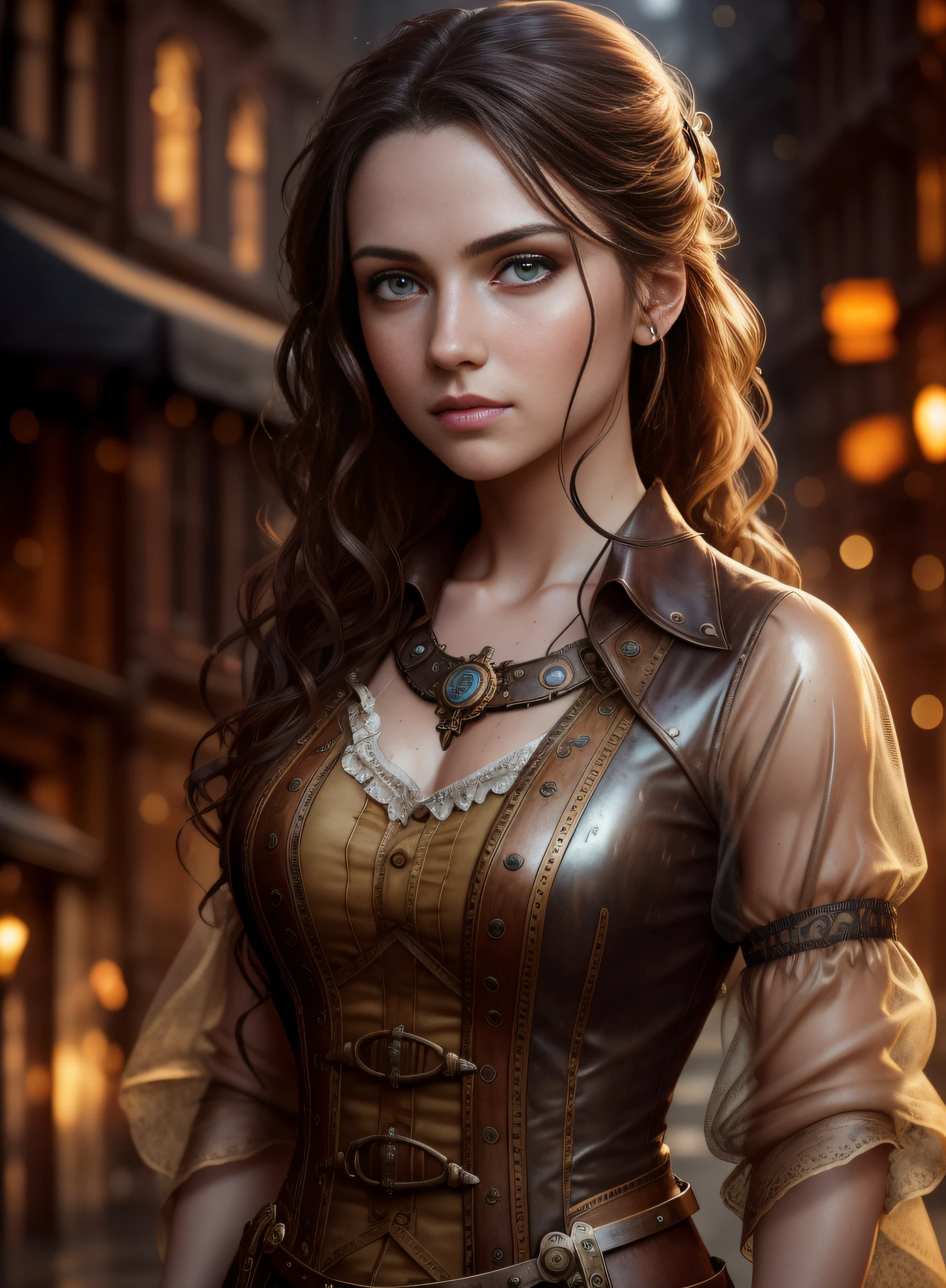 portrait photography, beautiful young steampunk woman with transparent western tunic dress, soaked, eyes visible through hair, proper eye position, natural skin, backlight, cinematic light, rim light, soft light , hips, in night time, city side background, detailed color graded background, intricate , highly detail, octane render, HD, 8k, by Annie Leibovitz