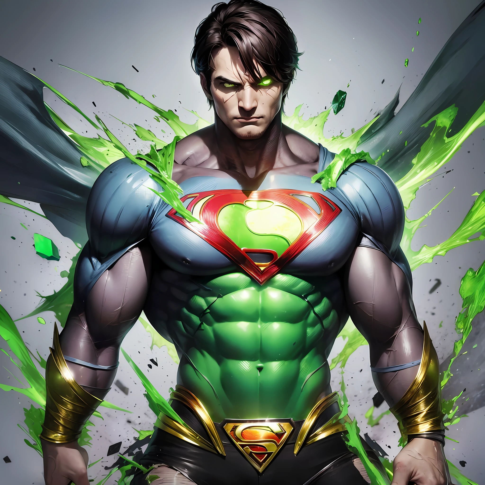 Create the super strong superman with his torn clothes being Kryptonite with bits of his crystallized body Extremely strong green with angry expression on his face --auto --s2