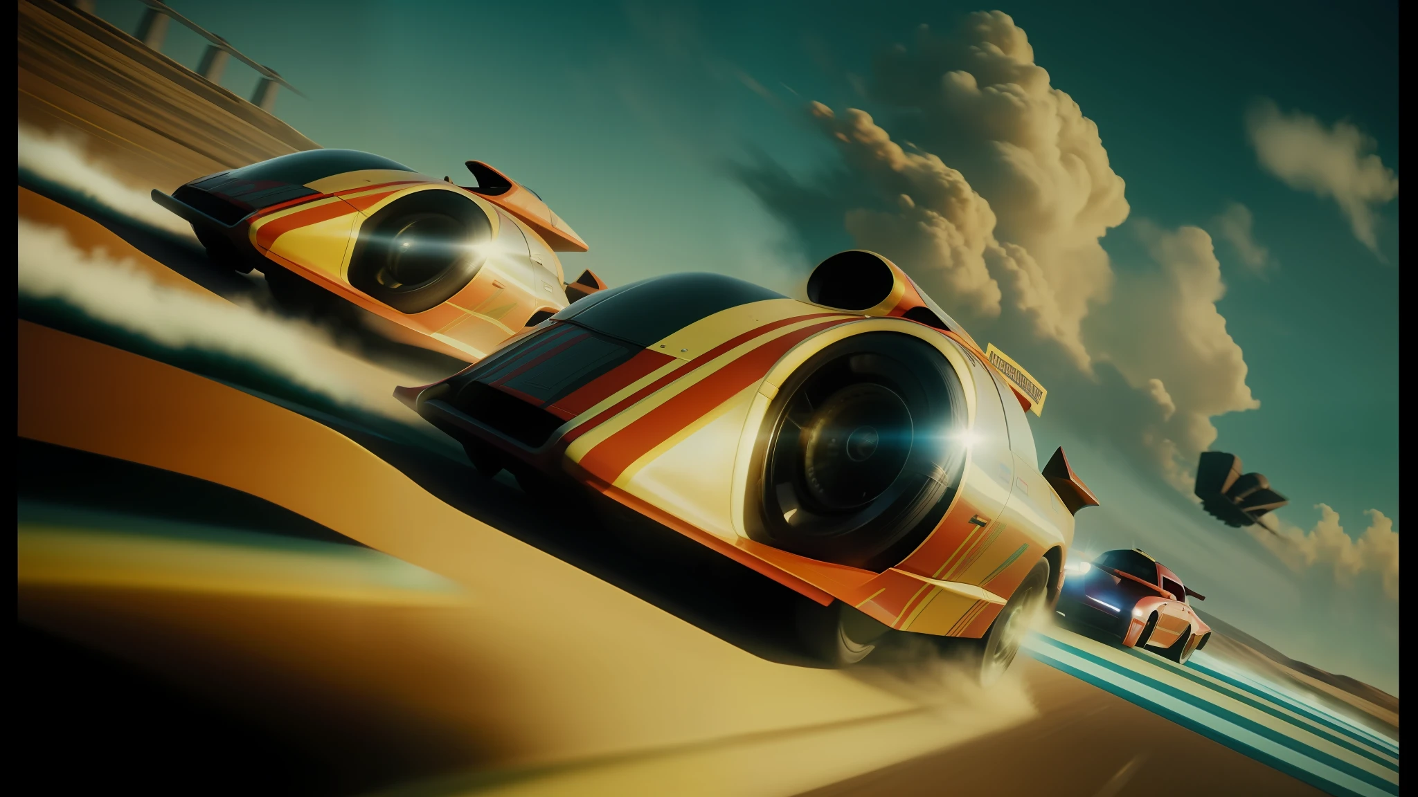 there are two cars that are racing on a track, film still from movie dune-2021, by Władysław Podkowiński, thunderbird 2, imax 2 0 mm anamorphic lens, bbc promotional artwork, 1980s arcade, dredd, 2 0 2 1 cinematic 4 k framegrab, submarine --ar