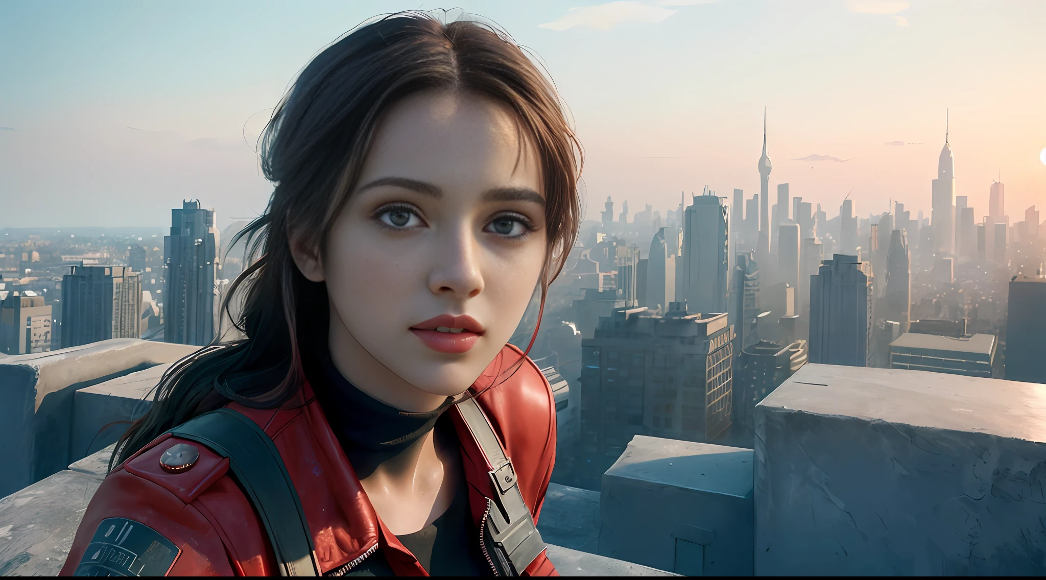(1girl:1.3), Solo, (((Very detailed face)))), ((Very detailed eyes and face)))), Beautiful detail eyes, Body parts__, Official art, 8k unified wallpaper, Super detailed, beautiful and beautiful, beautiful, masterpiece, best quality, original, masterpiece, super thin photo, best quality, super high resolution, realistic realism, sunlight, full body portrait, amazing beauty, dynamic pose, delicate face,  vibrant eyes, (from front), She wears lara croft style clothing, red and black color scheme, very detailed city roof background, roof, with city view, detailed face, detailed complex busy background, messy, gorgeous, milky white, highly detailed skin, realistic skin details, visible pores, clear focus, volumetric mist, 8k uhd, DSLR, high quality,  film grain, light skin, photographic realism, lomography, futuristic dystopian megalopolis, translucent,