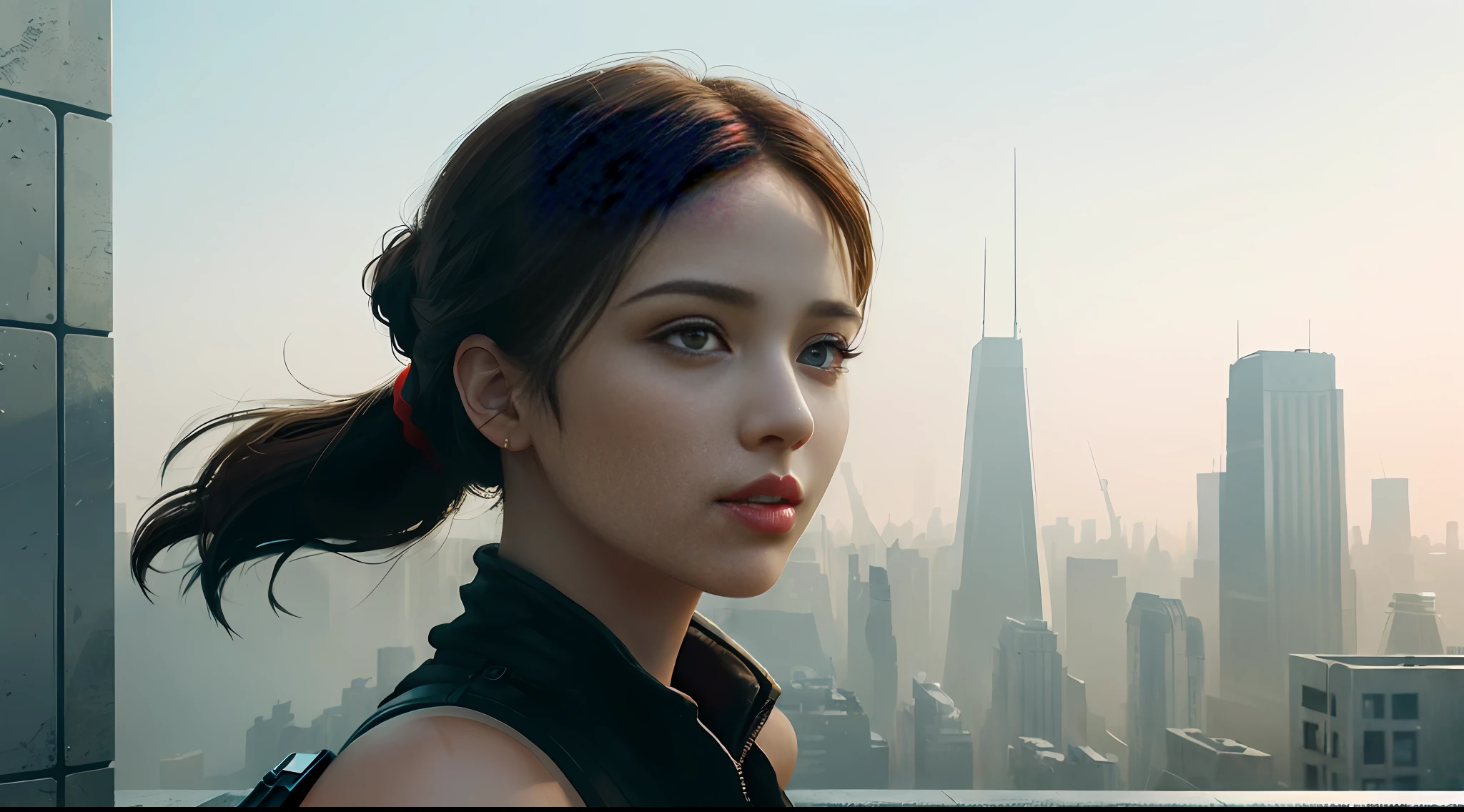(1girl:1.3), Solo, (((Very detailed face)))), ((Very detailed eyes and face)))), Beautiful detail eyes, Body parts__, Official art, 8k unified wallpaper, Super detailed, beautiful and beautiful, beautiful, masterpiece, best quality, original, masterpiece, super thin photo, best quality, super high resolution, realistic realism, sunlight, full body portrait, amazing beauty, dynamic pose, delicate face, vibrant eyes, (from front), She wears lara croft style clothing, red and black color scheme, very detailed city roof background, roof, with city view, detailed face, detailed complex busy background, messy, gorgeous, milky white, highly detailed skin, realistic skin details, visible pores, clear focus, volumetric mist, 8k uhd, DSLR, high quality, film grain, light skin, photographic realism, lomography, futuristic dystopian megalopolis, translucent,