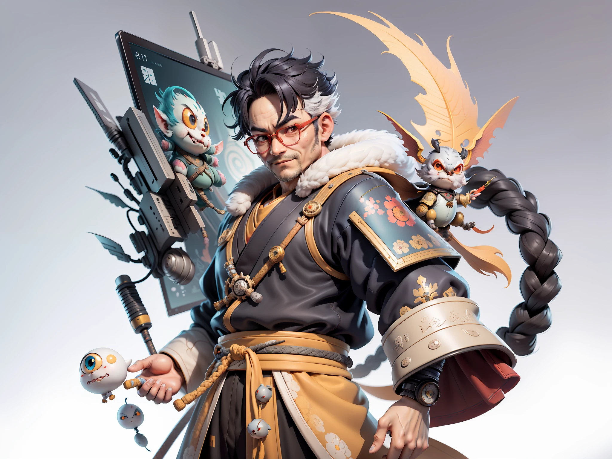 (Masterpiece), (Excellent), (Super Detailed), (Full Body: 1.2), Super Young Man, Oriental Face, Japanese Samurai Armor, Japanese Tengu, TV Anchor, Bust Portrait Illustration, Alone, Black Suit, Red Tie, Silver Glasses, Slightly Chubby Face, Very Clean Face, No Beard, Black Super Short Hair, Black Eyes, Confident Smile, 3c Computer Sub-Products, iPad, iPhone, Digital Painting, 3D Character Design by Mark Claireden and Pixar and Hayao Miyazaki, The illustration is a high-definition illustration in 4K resolution with very detailed facial features and cartoon-style visuals.
