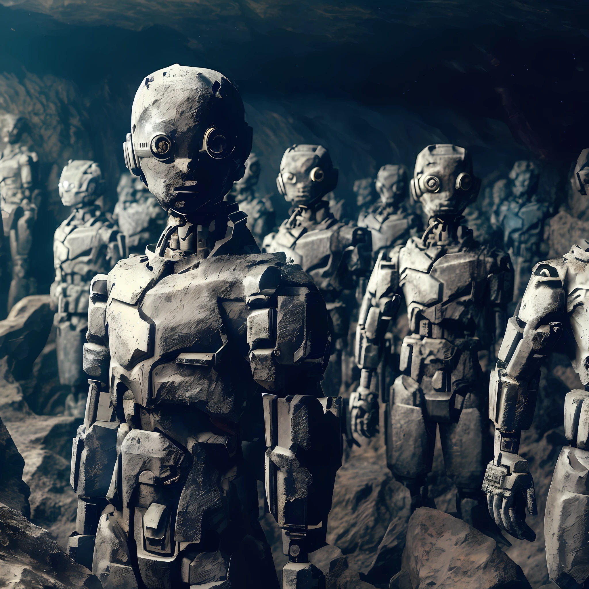 There are many dirty rustic statues of terracotta robots in a cave with a cave in the background, complex stone cybernetic beings, crowd of earth androids, science fiction robots, robot army, cybernetic civilizations, cybernetic civilizations, large crowd of androids, humanoids, robot guards, robot lords, cybernetic scifi, cybernetic machines, hyper realistic professional photography, professional award-winning photography, Highonybel of realistic details and textures