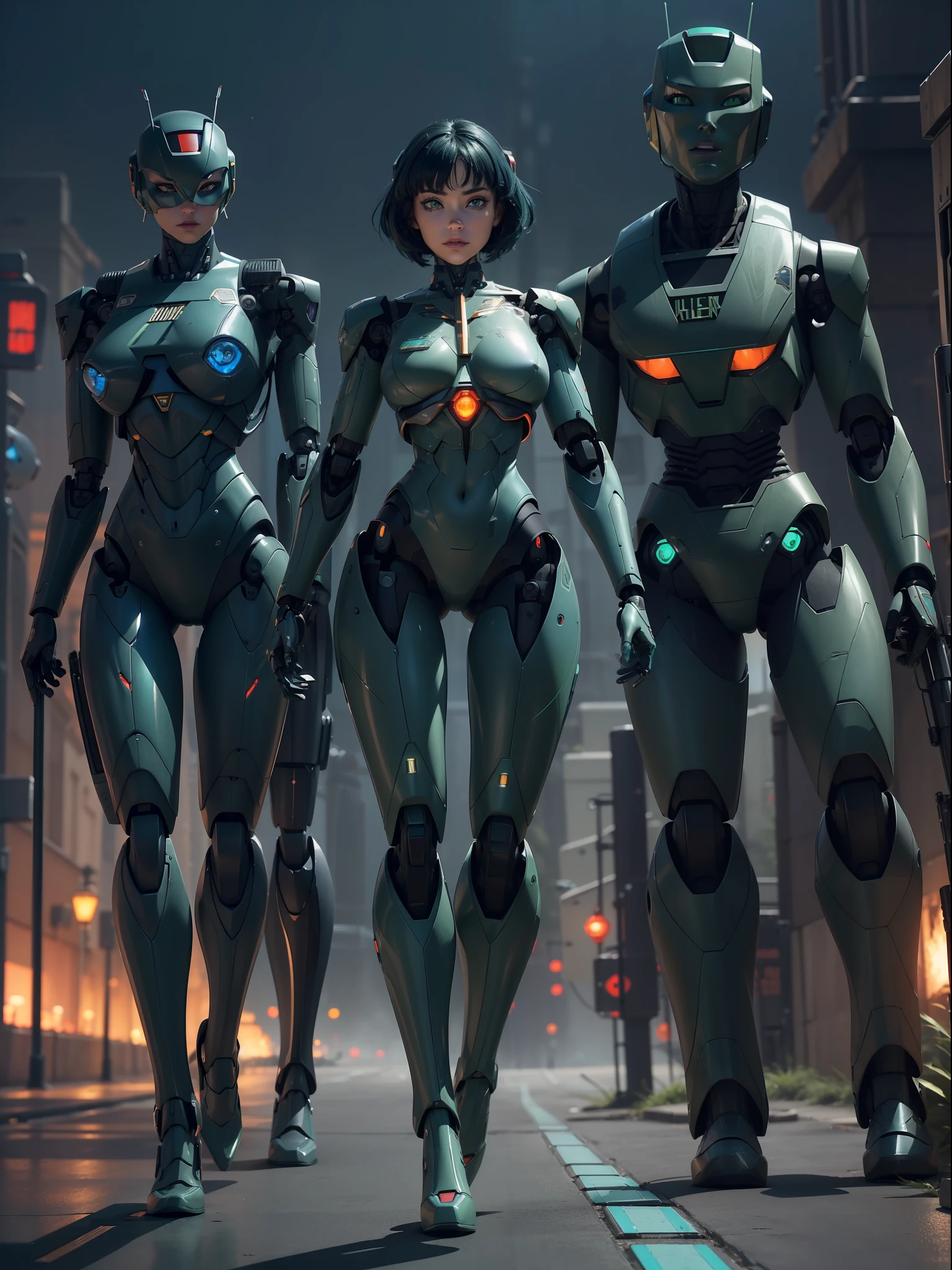 ((Full body):1.5) (({1/woman – cyborg}):1.5). Only {1/woman, cyborg}:((she has a semi human half machine half human body, is wearing a futuristic black suit extremely tight on her body):1.3). Only {1/woman, cyborg}:((has extremely large breasts):1.3). Only {1/woman – cyborg}:((has very short blue hair, dark green eyes):1.3). Only {1/woman – cyborg}:((stunning sensual poses holding a futuristic sniper rifle standing):1.3). In a futuristic city, it's raining a lot at night, the city is with ((several robots running):1.5) behind Only {1/cyborg woman}. anime, anime style, 16k, high resolution, ((best quality, high detail: 1.3)), UHD, ((masterpiece))