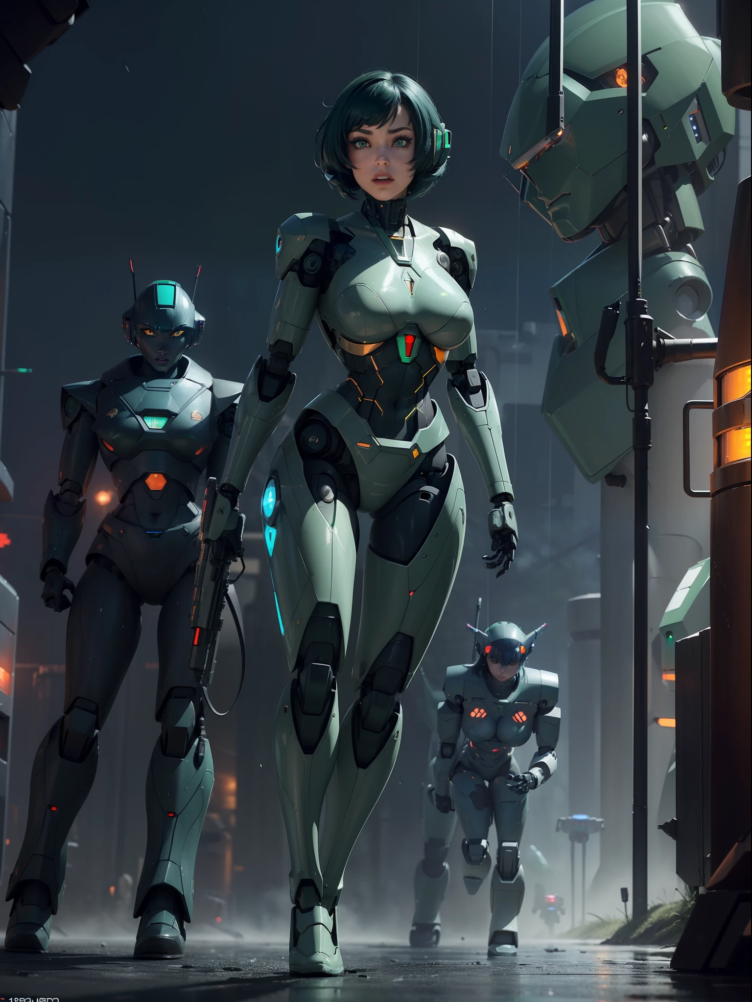 ((Full body):1.5) (({1/woman – cyborg}):1.5). Only {1/woman, cyborg}:((she has a semi human half machine half human body, is wearing a futuristic black suit extremely tight on her body):1.3). Only {1/woman, cyborg}:((has extremely large breasts):1.3). Only {1/woman – cyborg}:((has very short blue hair, dark green eyes):1.3). Only {1/woman – cyborg}:((stunning sensual poses holding a futuristic sniper rifle standing):1.3). In a futuristic city, it's raining a lot at night, the city is with ((several robots running):1.5) behind Only {1/cyborg woman}. anime, anime style, 16k, high resolution, ((best quality, high detail: 1.3)), UHD, ((masterpiece))