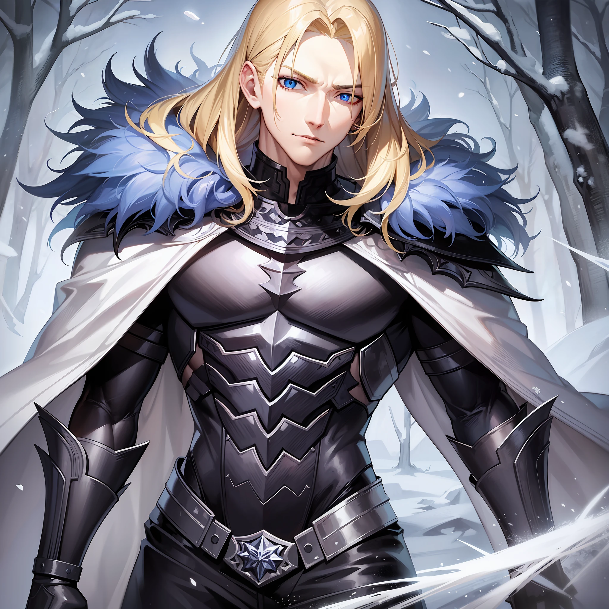 Muscular, man, blue eyes, blonde long hair, pale skin, cape, vampire collar , black dragon armor, spiky shoulders,black clothes ,in the snowy forest, solo, cowboy shot, masterpiece