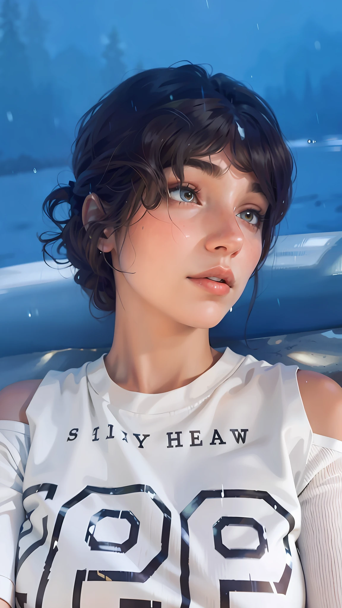 a hyper-realistic portrait of a young woman, half asleep, under a tree, inside a forest, lots of rain, in the middle of nature, 22 years old, realistic, (lying on her side), she is wearing a red panties, (wearing minimal dress), sexy, (huge breasts 2:1), wet clothing, short brown hair, (hair tied with bows), curved, SFW