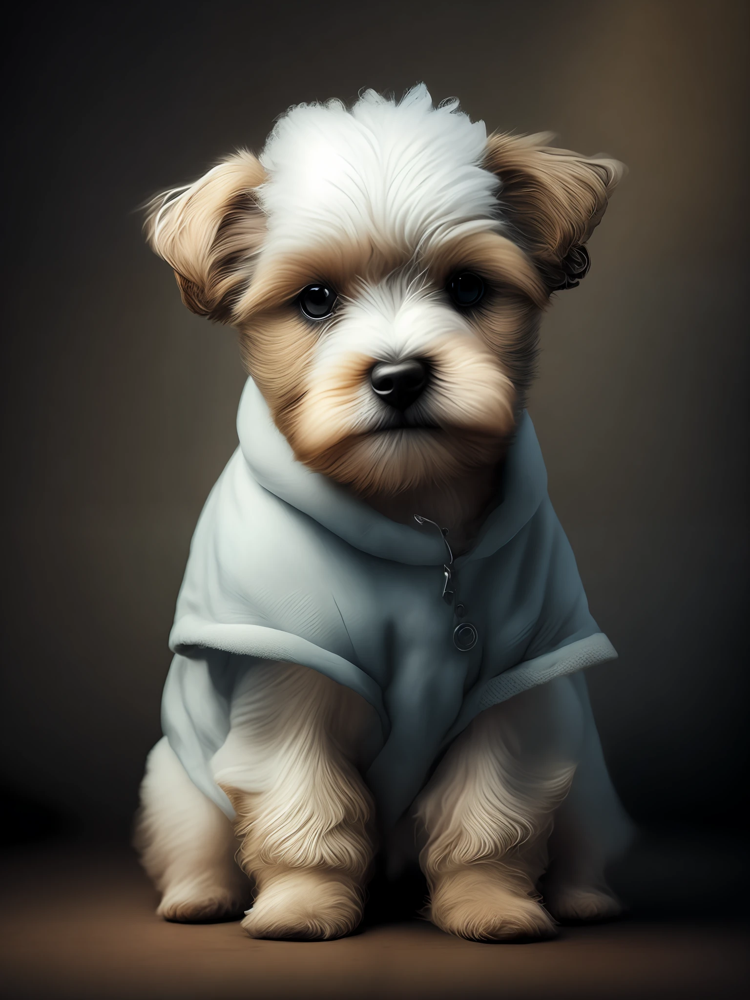 Portrait, cute terrier puppy wearing sheep clothes, low light, grumpy