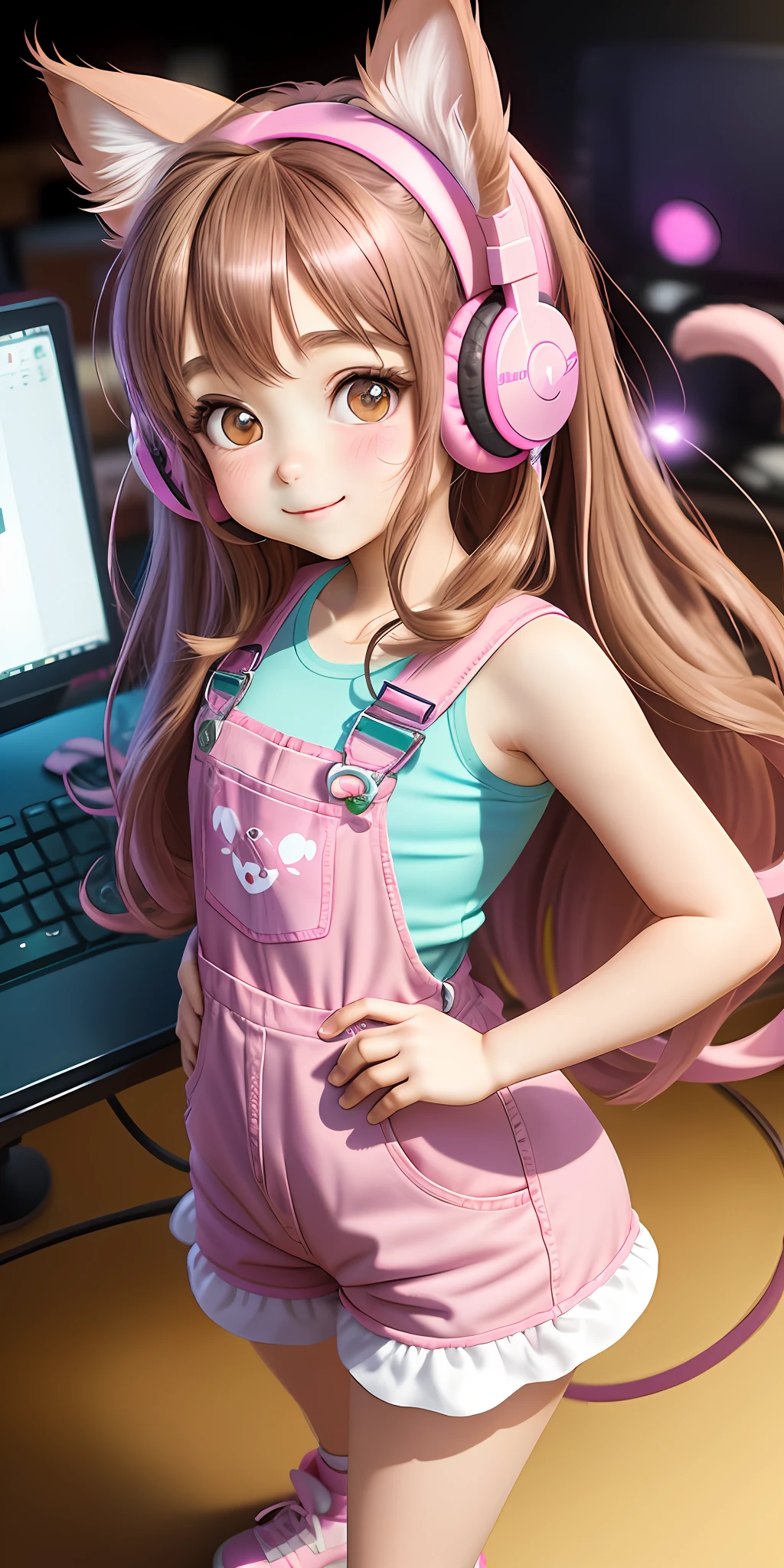 4k, Single girl, Cartoon style, beautiful, full body, anime, cute(Pixart) (best picture) colorful, kawaii, anime, Cute little girl, gamer, long brown hair, by Maria Chiquinha, wearing (pink kitten ears headphones) , mischievous, beautiful big eyes with reflections, pink overalls outfit, on the computer, cheerful