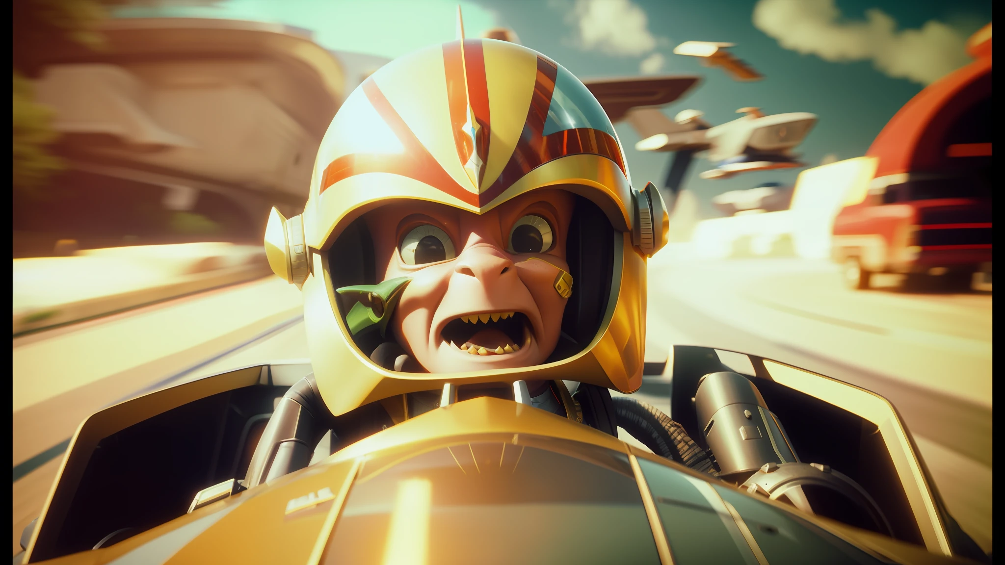 there is a man in a helmet driving a car with a helmet on, cory loftis, ilm of an epic sci-fi, no teeth, naboo, screengrab, full body extreme closeup, speedy aircraft, bisley, gremlin, retro futurist, futurist