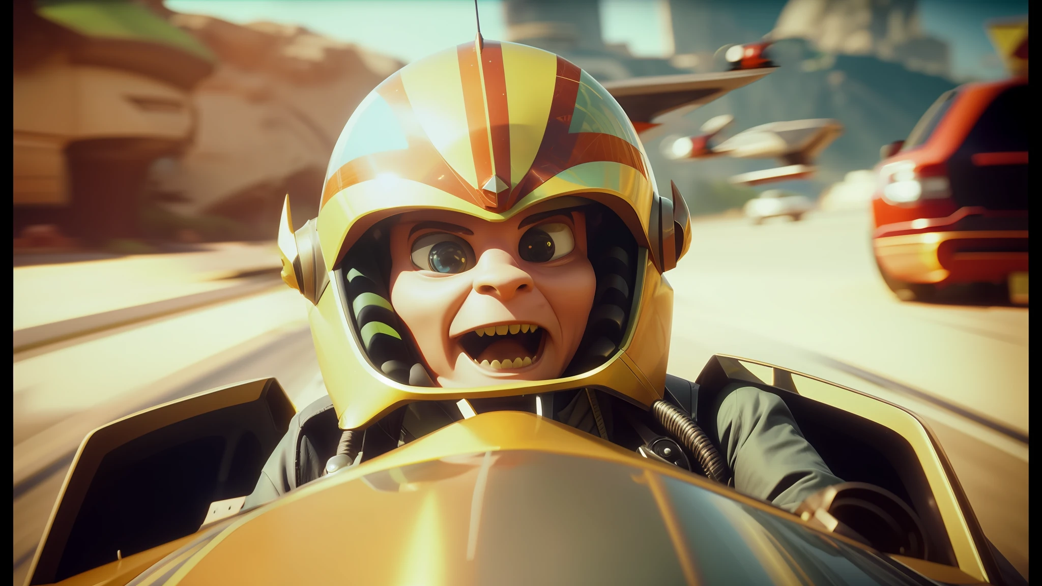 there is a man in a helmet driving a car with a helmet on, cory loftis, ilm of an epic sci-fi, no teeth, naboo, screengrab, full body extreme closeup, speedy aircraft, bisley, gremlin, retro futurist, futurist