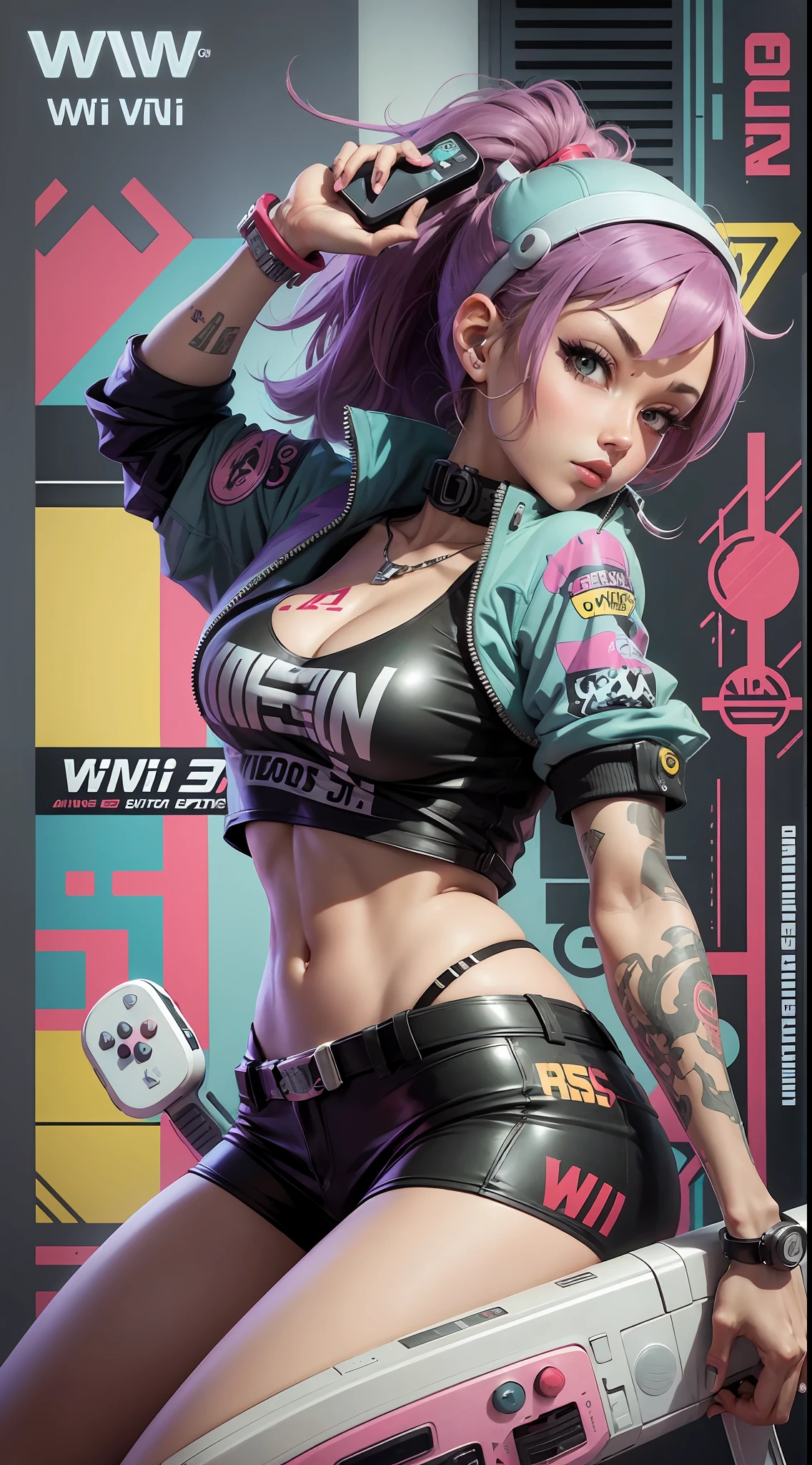 a close up of a cartoon character holding a nintendo wii controller, terminal, official artwork, terminals, hq artwork, promotional artwork, official art, style of jet set radio, promotional art, terminal text, jet set radio artwork, album art cover, art cover, promo art, album artwork, va-11 hall-a, package cover, jet set radio