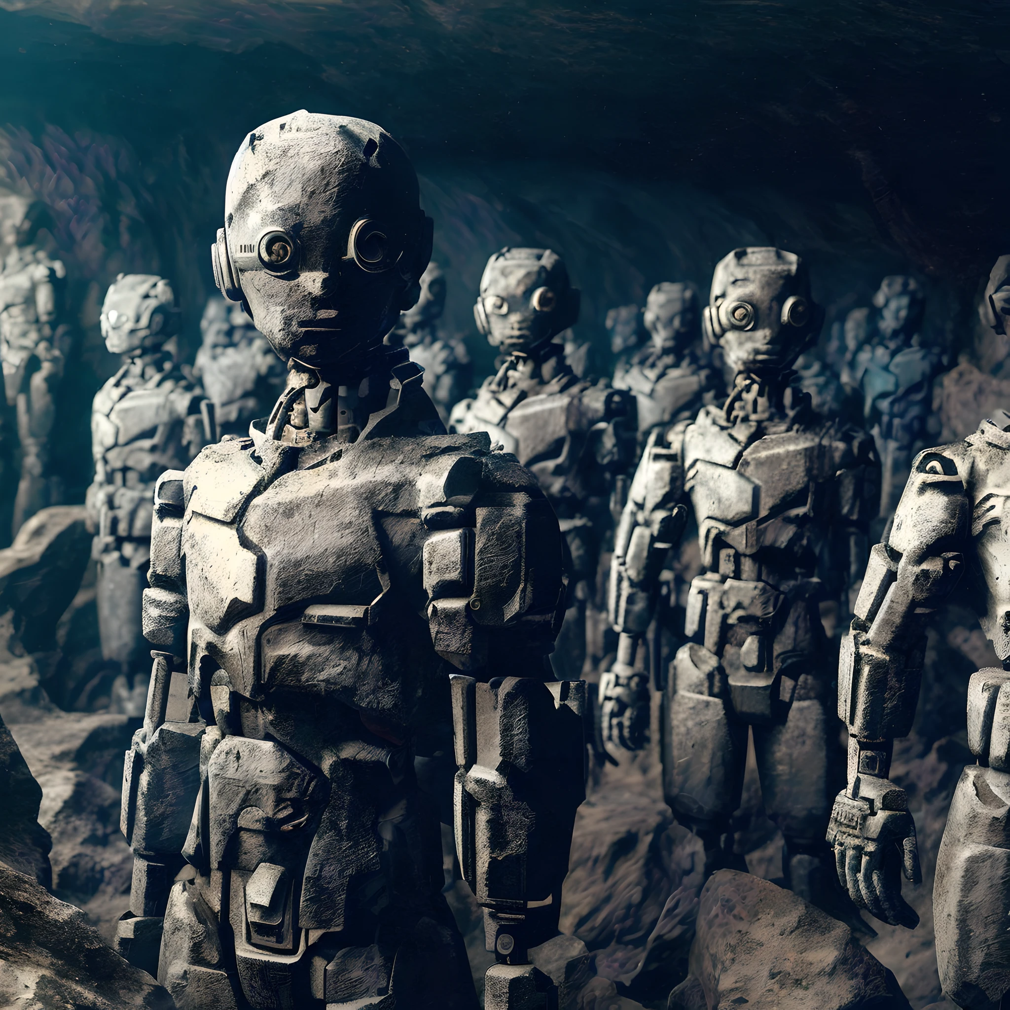 There are many dirty rustic statues of terracotta robots in a cave with a cave in the background, complex stone cybernetic beings, crowd of earth androids, science fiction robots, robot army, cybernetic civilizations, cybernetic civilizations, large crowd of androids, humanoids, robot guards, robot lords, cybernetic scifi, cybernetic machines, hyper realistic professional photography, professional award-winning photography, Highonybel of realistic details and textures