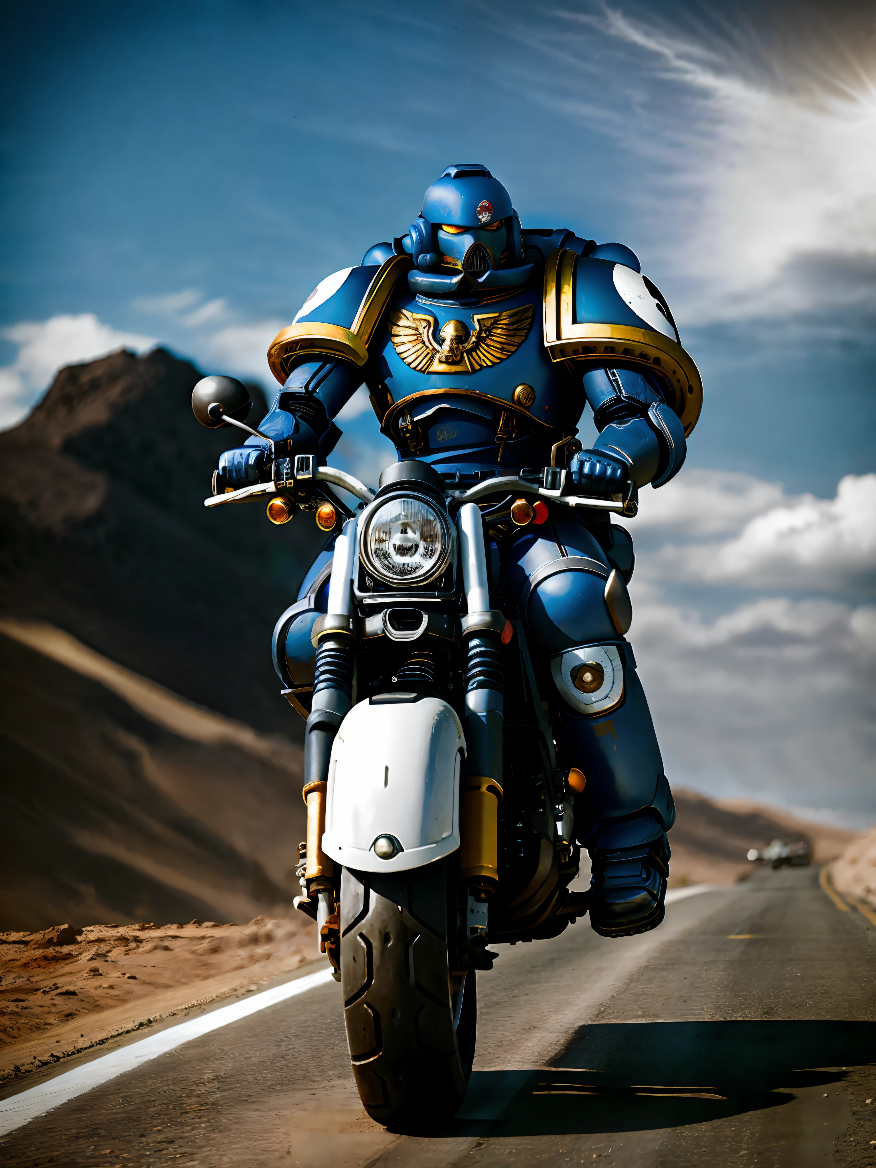 A space marine riding a motorcycle on a deserted road, his white motorcycle, super realistic, cinematc, 16k. It's just a Space marine