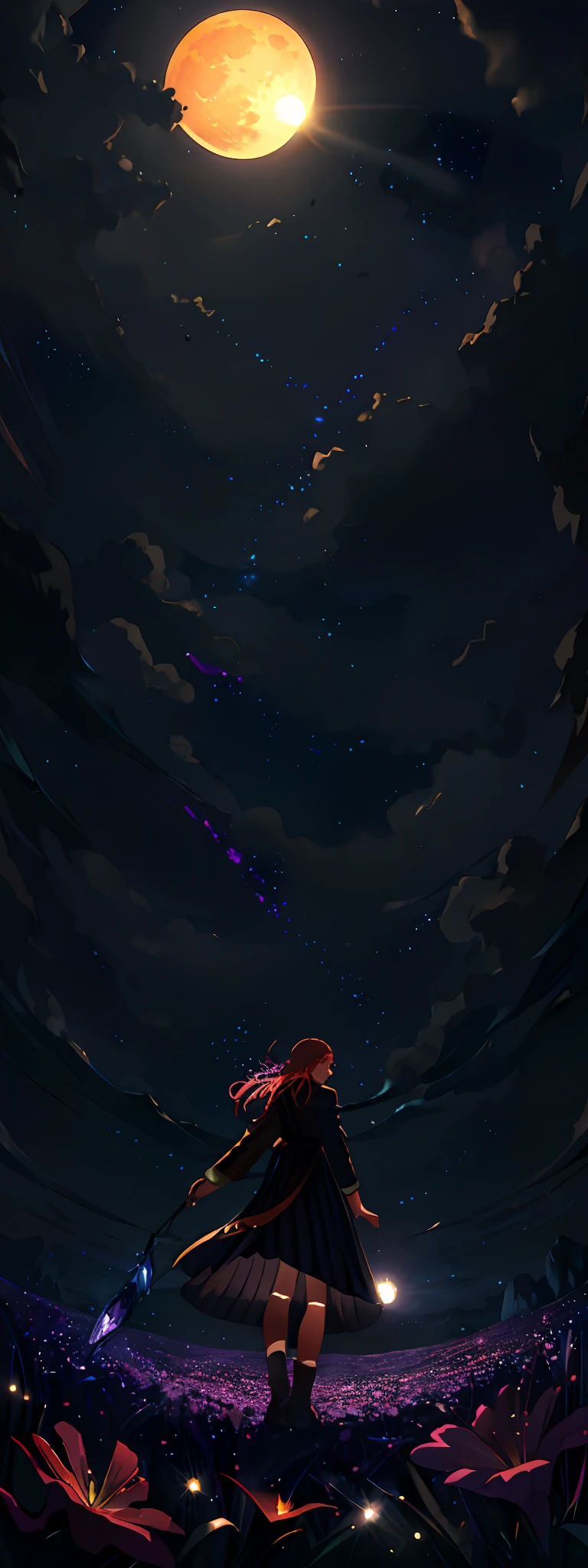 expansive landscape photograph , (a view from below that shows sky above and open field below), a girl standing on flower field looking up, (full moon:1.2), ( shooting stars:0.9), (nebula:1.3), distant mountain, tree BREAK
production art, (warm light source:1.2), (Firefly:1.2), lamp, lot of purple and orange, intricate details, volumetric lighting, realism BREAK
(masterpiece:1.2), (best quality), 4k, ultra-detailed, (dynamic composition:1.4), highly detailed, colorful details,( iridescent colors:1.2), (glowing lighting, atmospheric lighting), dreamy, magical, (solo:1.2)