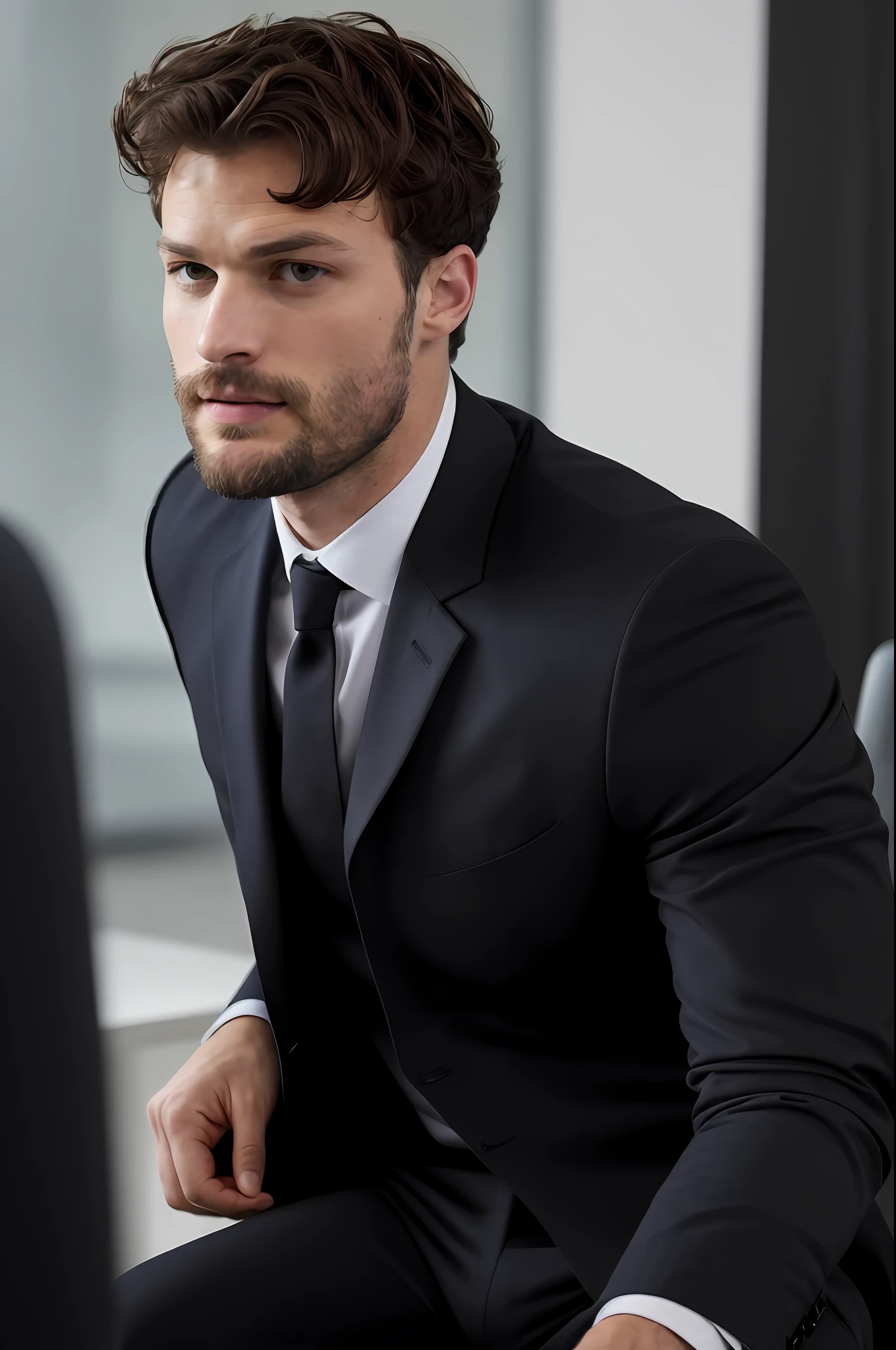 ((half body)) RAW Photo Ceo man sitting in an office chair, Jamie Dornan, wearing black suit, (Wearing dark and attractive beard) movie scene, (Impeccable) ,Serious and elegant man, Actor Jamie Dornan, with thick male eyebrows, (with mysterious and serious face,) short dark hair, dark black background image,elegant and elegant, Man similar to actor Jamie Dornan, ( high quality and realistic image), ((Best Quality, 8k, Masterpiece).