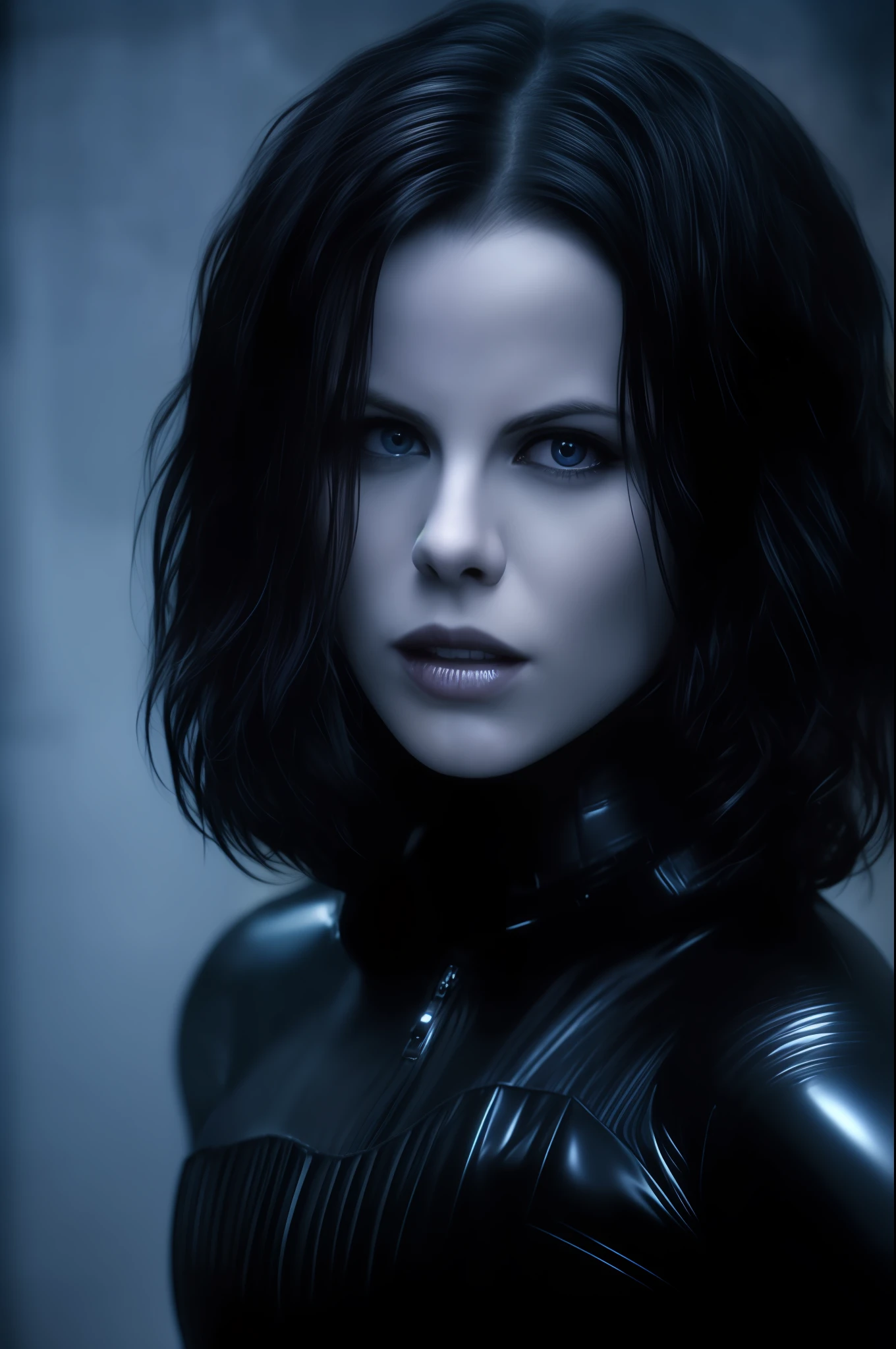 Best quality, masterpiece, ultra high res, (photorealistic:1.4), raw photo, cinematic lighting photo,  portrait selene, realistic face detail, beautiful faces, pale face，serious expression, vampire fang, black hair, black latex suit , full body, studio lighting, blue light reflection, dark night,