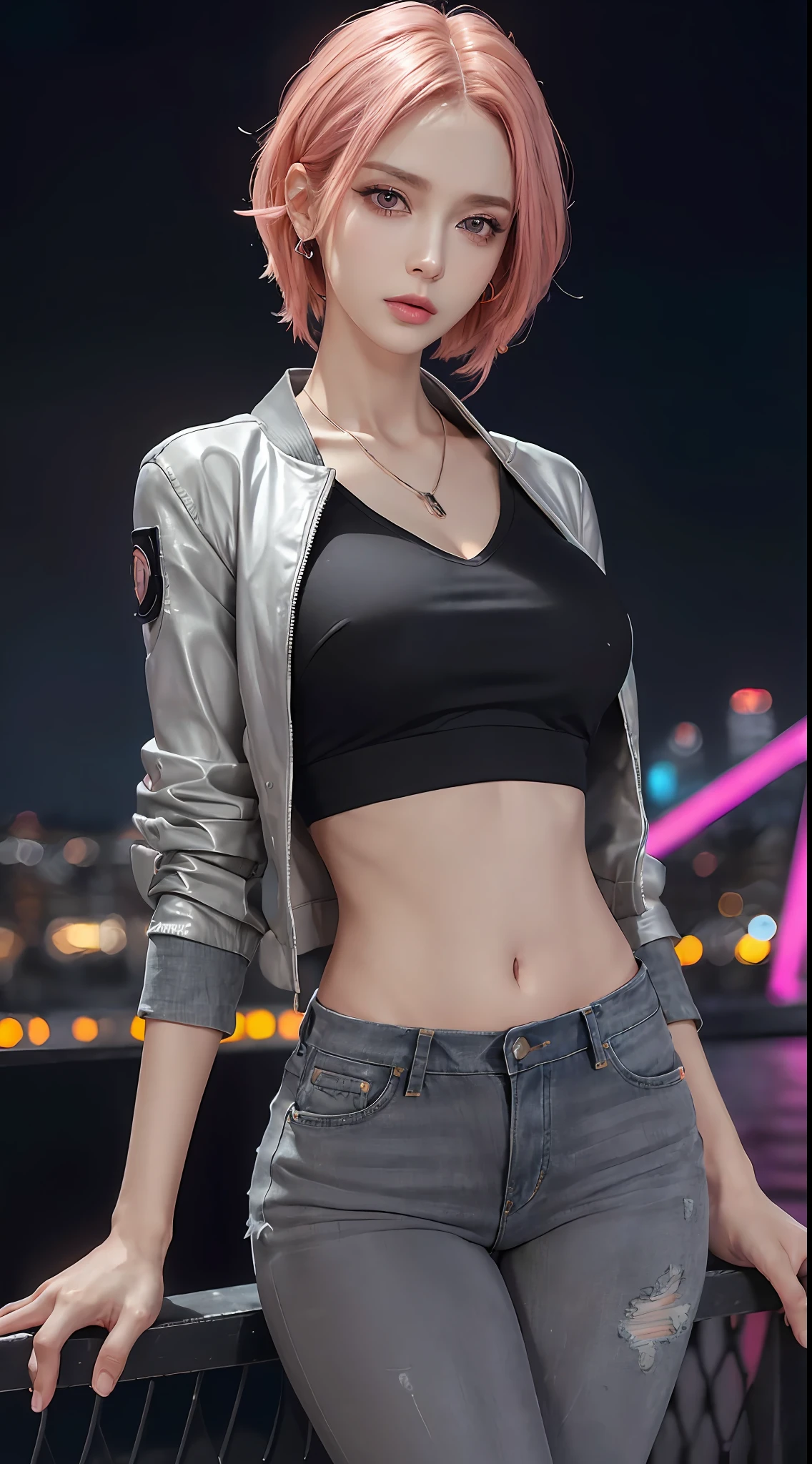 (RAW photo, high resolution, best quality, masterpiece), (realistic, photorealistic: 1.3), 1girl, very delicate and beautiful, beautiful detailed girl, very detailed eyes and face, ((triangular face)), beautiful detailed eyes, (((slender figure, skinny, thin waist))), (cleavage), ((black cyberpunk jacket and crop shirt, grey denim pants)), stylish pendant, black earrings, charming, natural makeup, soft pink shiny lips, ((pink pastel and orange stylish layered short hair)), perfect style, ((night city with neon light background)), CG, 8k, ultra-realistic, highest quality, super detailed
