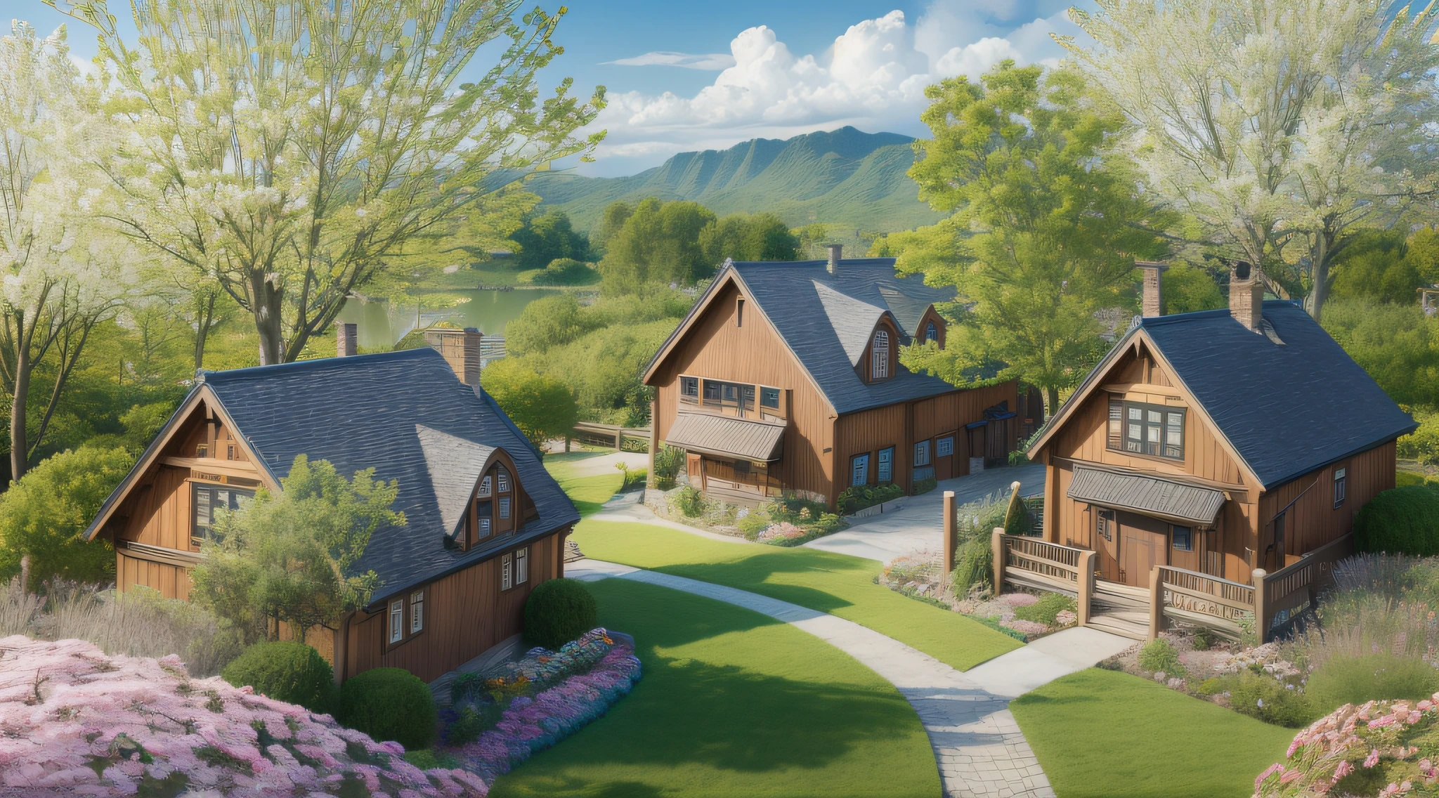 masterpiece,best quality,official art,extremely detailed CG unity 8k wallpaper,outdoors, animal, spring \(season\), cloudy sky,studio ghibli, garden, village, top view