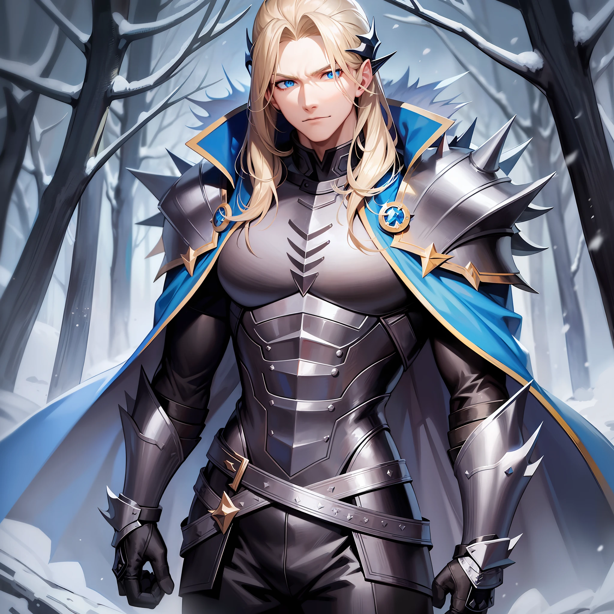 Muscular, man, blue eyes, blonde long hair, pale skin, blue cape, vampire collar , black dragon armor, spiky shoulders,black clothes ,in the snowy forest, solo, cowboy shot, masterpiece