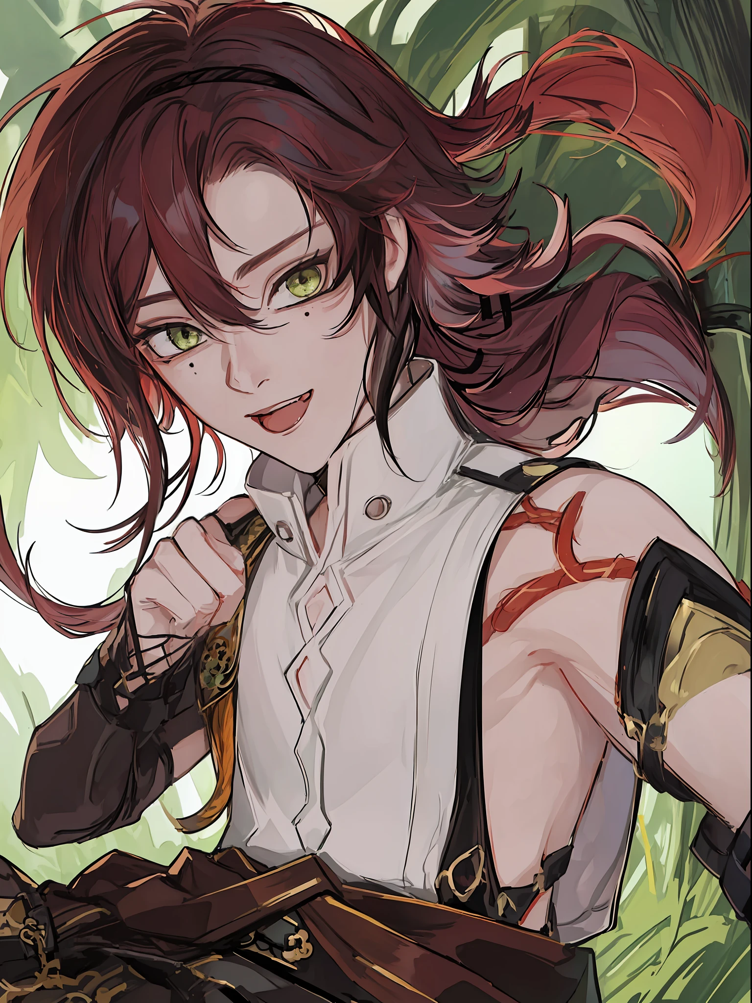 ((highest quality, masterpiece, 4k, finely detailed, detailed eyes, detailed face, intricate details)), ((solo)), male focus, 1boy, Shikanoin Heizou (Genshin Impact), smirking, looking at viewer, crossed arms, dark red hair with black strands, bright green eyes, white shirt, black pants, forest background